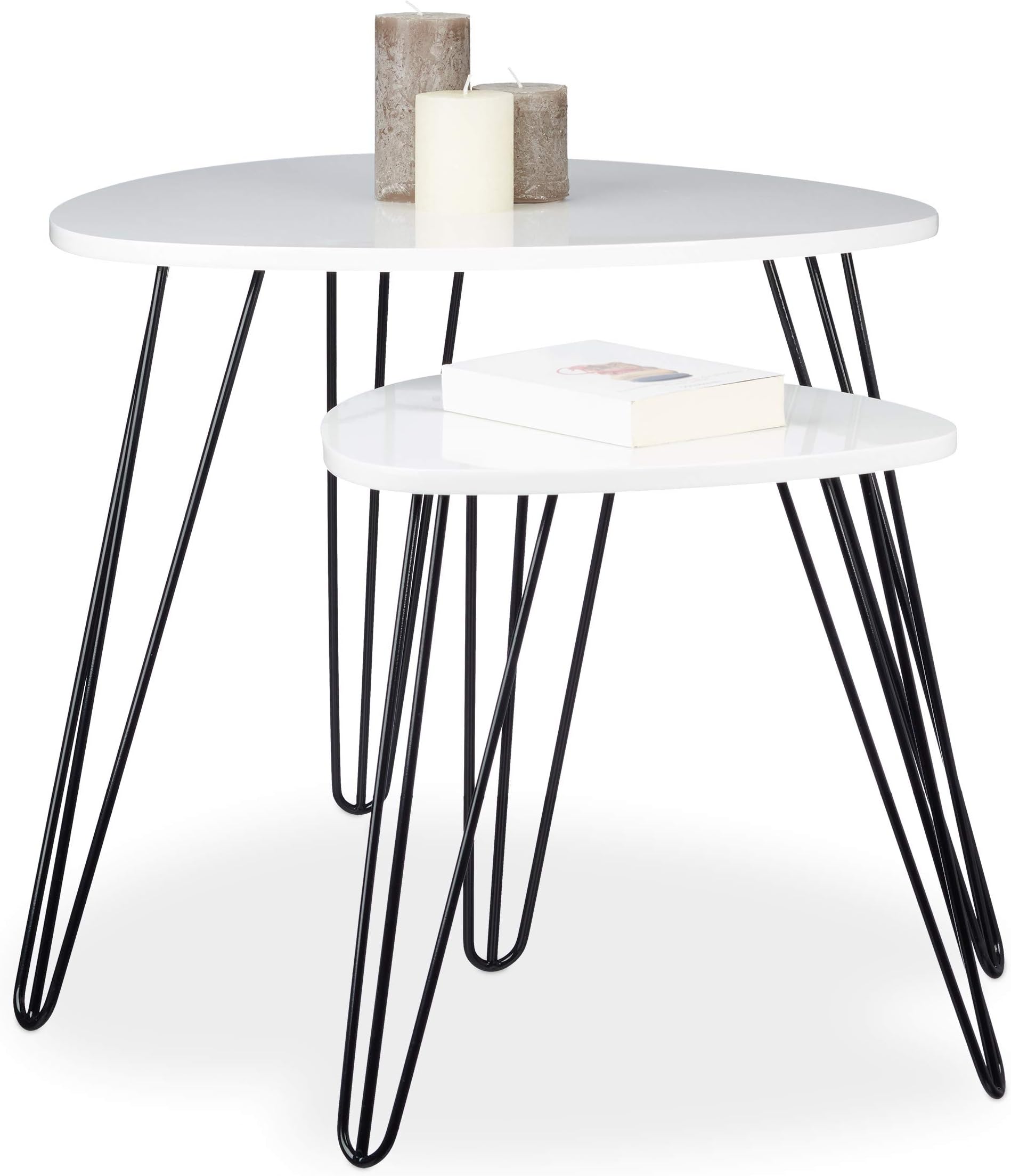 Relaxdays Set of 2 Side Tables, Square, 3 Legs, Wood, Metal, 52 x 60 cm, Coffee Table, Living Room, Glossy, White
