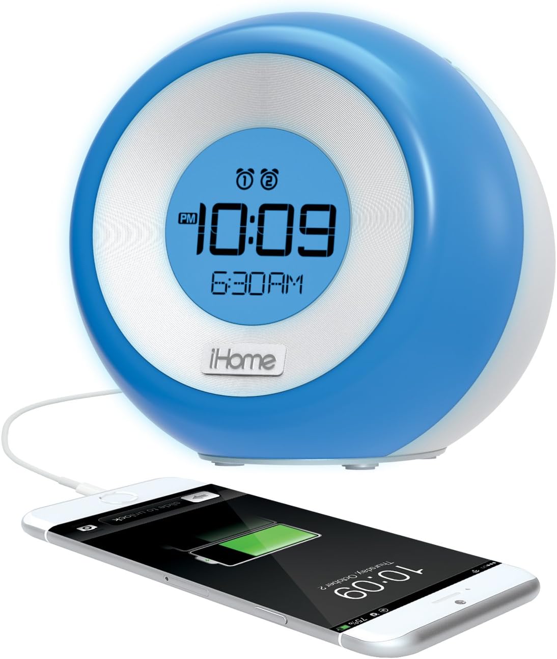 Side view of the iHome iM29SC clock radio with a smartphone connected via USB cable, showing the phone charging.
