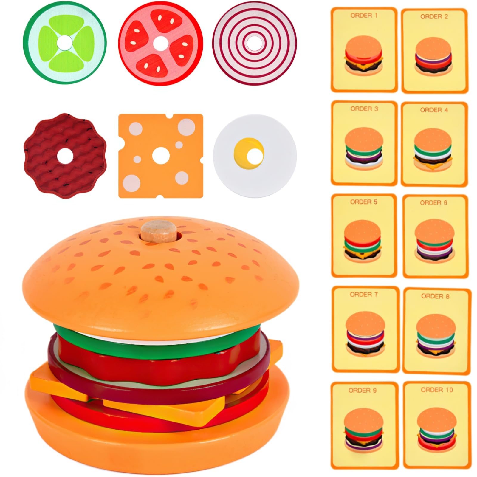 Wooden Burger Stacking Toys for Kids, Montessori Play Food for Toddlers, Educational Toys for 3+ Year Olds to Develop Fine Motor Skills