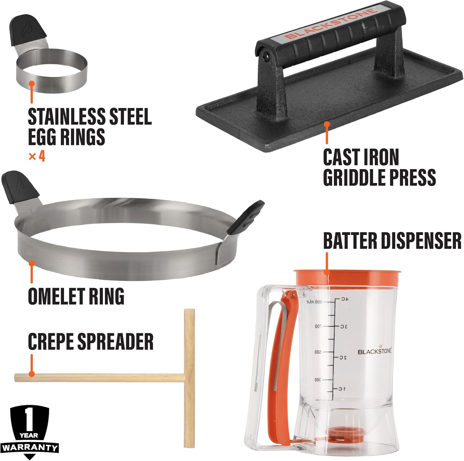 Plastic Batter Dispenser, Cast Iron Bacon Griddle Weight Press, 10 Inches Stainless Steel Omelet Egg Ring, Wood Wooden Crepe Spreader Spatula