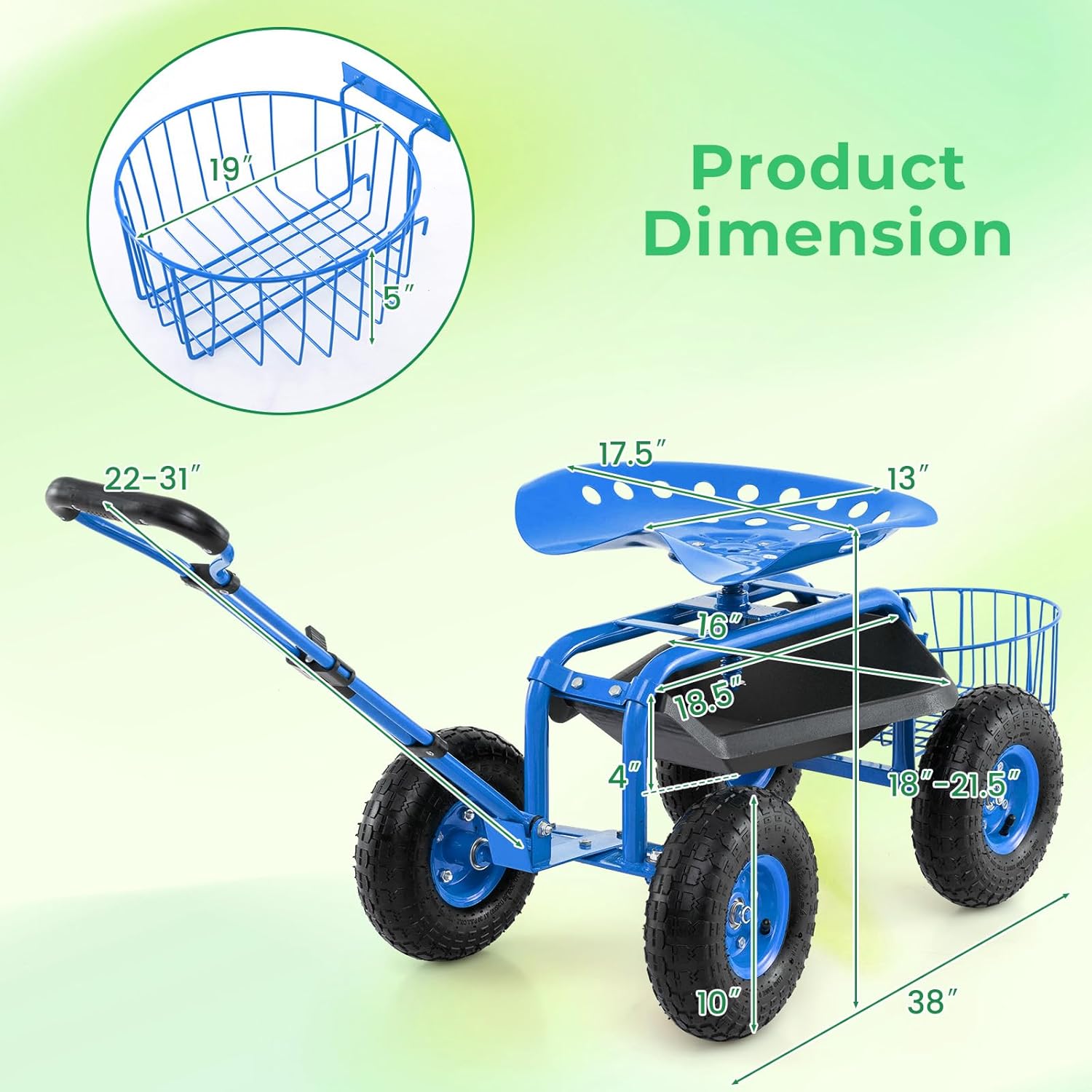 Garden Seat with Wheels, Rolling Stool with Extendable Handle, Storage Basket & Tool Tray, Garden Scooter with 360 Degree Swivel Seat for Outdoor & Yard (Blue)