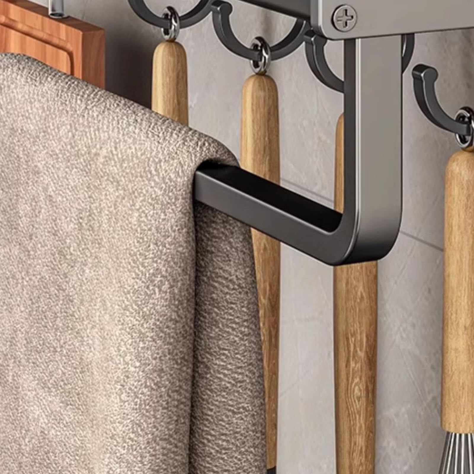 Gewürzregal Wand,Küchenhalterung Ohne Bohren Mit Haken Stangen,Schwarz Edelstahl Hakenleiste Küchenhelfer Hängeleiste,Gewürzregal Küchenablage Wand Organizer for Küche Und Bad(30cm)