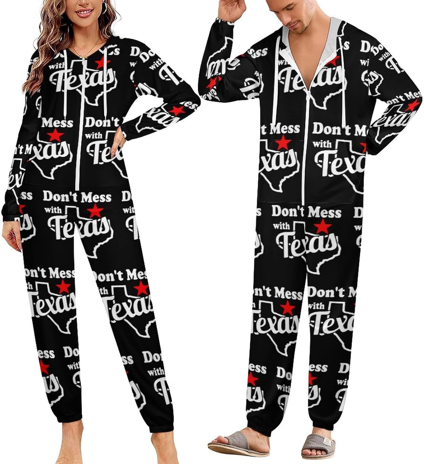 Don't Mess With Texas Adult Pajamas Onesie with Hood Pocket Jumpsuits One Piece Sleepwear