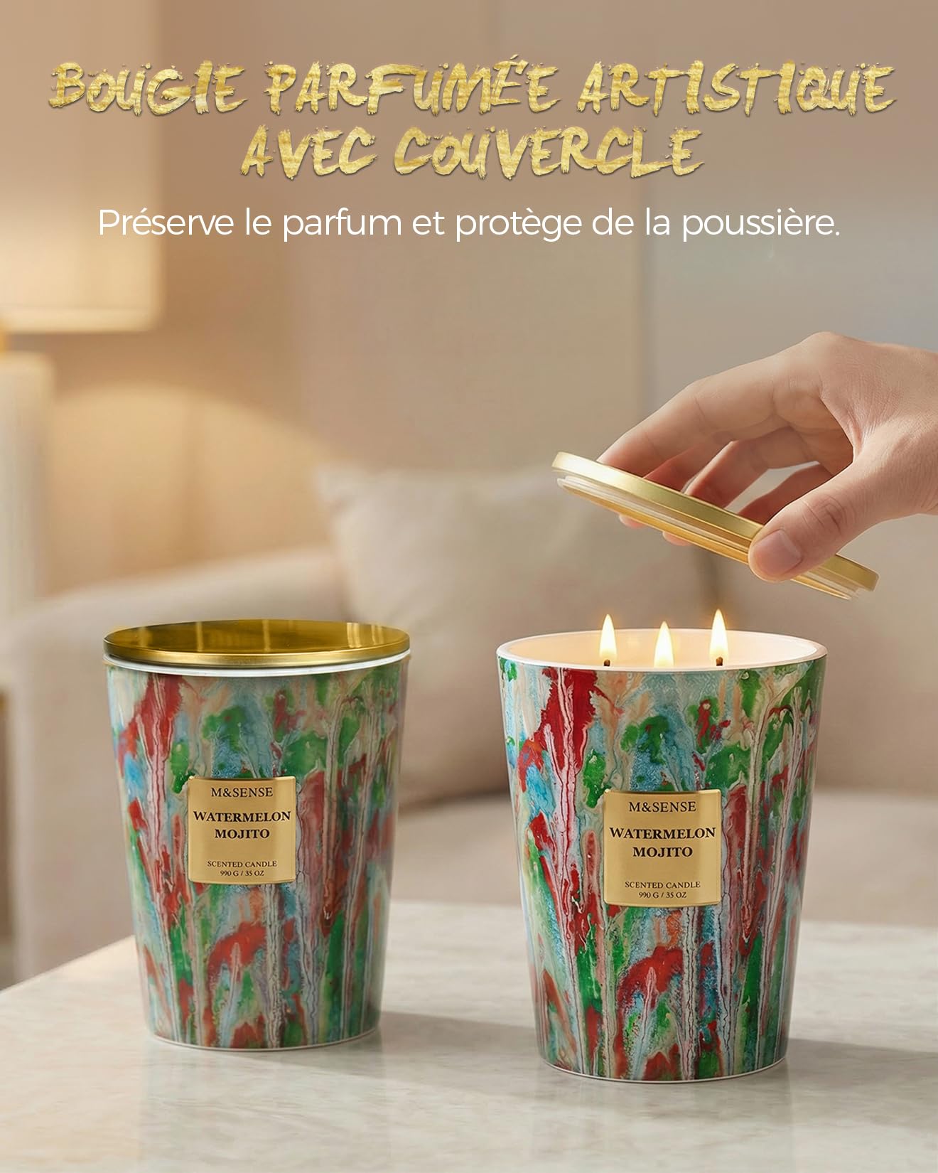 M&SENSE Grande Bougie Parfumée 3 Mèches, 990g Cire de Soja Acajou et Bois de Teck, 150 Heures, Bougie Décorative Luxe Verre Peinture à l'Huile, Cadeau Maison Bureau Concentration Homme Femme