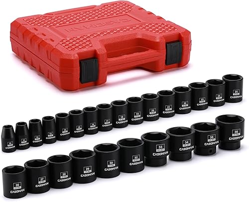 CASOMAN Juego de 26 llaves de impacto de 12 pulgada, métricas, poco profundas, 0.394in a 1.417in, acero de aleación Cr-Mo, diseño de esquina radial,