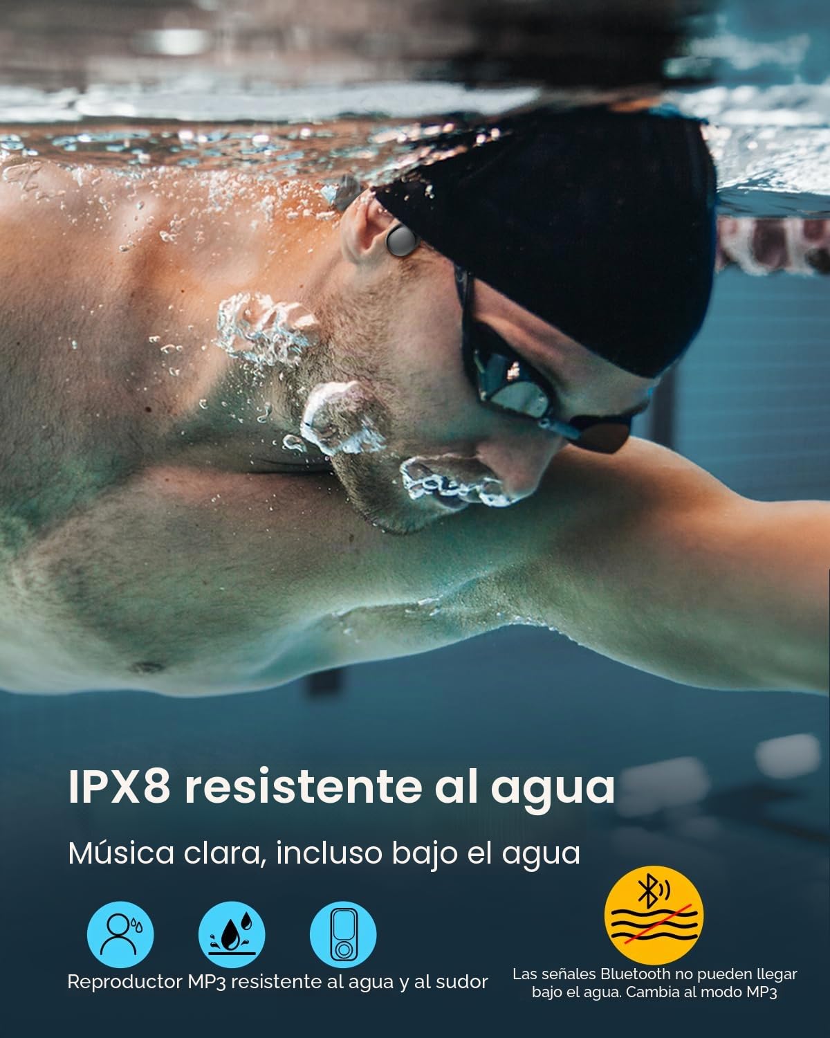 HIFI WALKER Auriculares Conduccion Osea MP3 Acuaticos para Natacion Acuático con 32GB, Ipx8, Bluetooth 5.3 Auriculares Deportivos para Natación, Nadar, Ciclismo