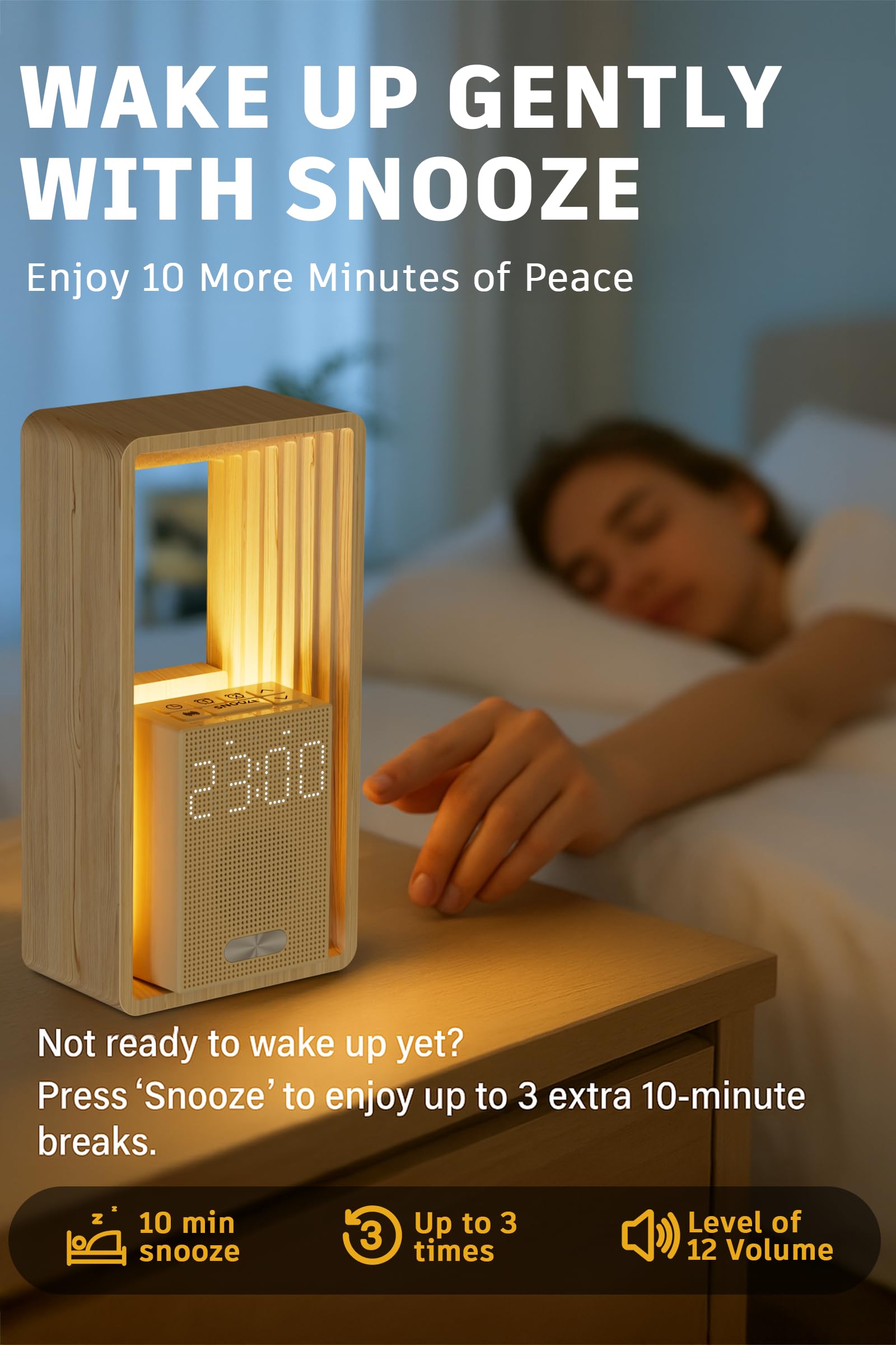 Nachttischlampe mit USB-Ladeanschluss & Uhr, Dual-Alarm mit Aufwachlicht & Schlummerfunktion - 9 Schlafgeräusche Nachtlicht, Timer & Dimmbares Display Nachttischleuchten für Schlafzimmer, Deko