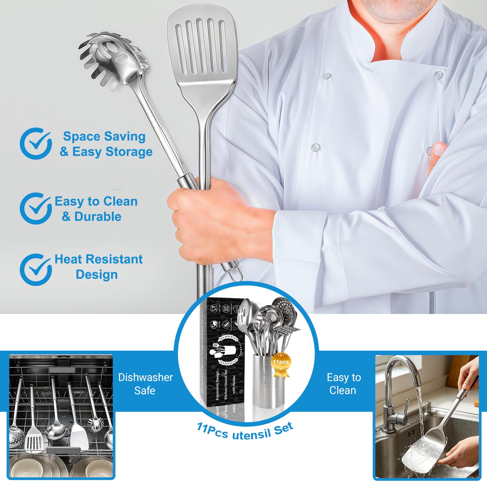 Juego de 11 utensilios de cocina de acero inoxidable con soporte, resistentes al calor, para cocinar con volteadores, triturador de patatas, skimmer, cucharón, pinzas, batidor