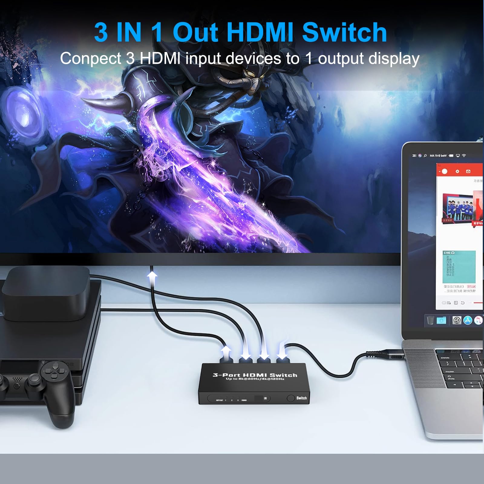 HDMI 2.1 Switch 8k@60hz / 4k@120hz HDMI Splitter 3 en 1 Panneau de Commutation de Sortie Prend en Charge VRR, Dolby Vision, Compatible avec PS5, Xbox, blu-Ray, Lecteur DVD