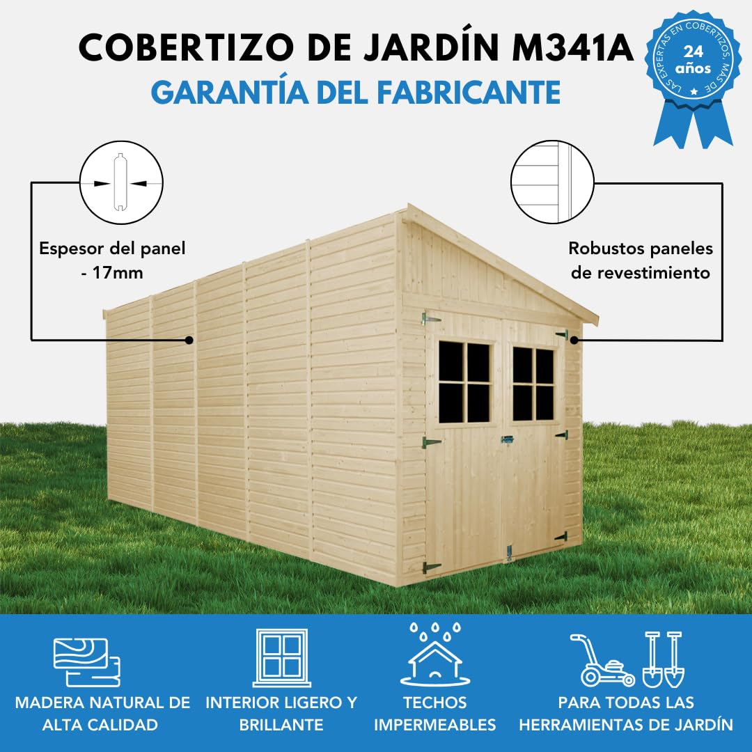 Cobertizo de Madera para jardín con Pared Lateral – H244x218x514 cm/10.1m2 Cobertizo de Madera Natural - Taller de Jardín - Bicicleta, Almacenamiento de Herramientas TIMBELA M341A