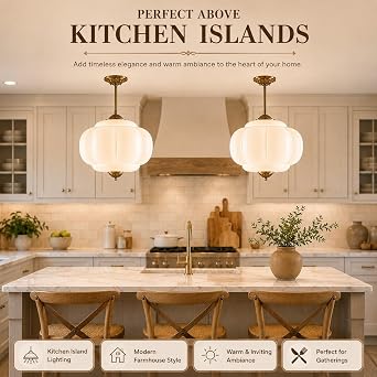 Bofea-Vintage Gold Milk Glass Pendant Light Fixture,15 White Pleated Glass Chandelier,Antique Pendant Lights Kitchen Island, Semi-Flush Mount Ceiling Light for Dining Room Living Room Foyer