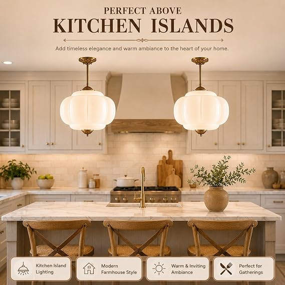 Bofea-Vintage Gold Milk Glass Pendant Light Fixture,15 White Pleated Glass Chandelier,Antique Pendant Lights Kitchen Island, Semi-Flush Mount Ceiling Light for Dining Room Living Room Foyer