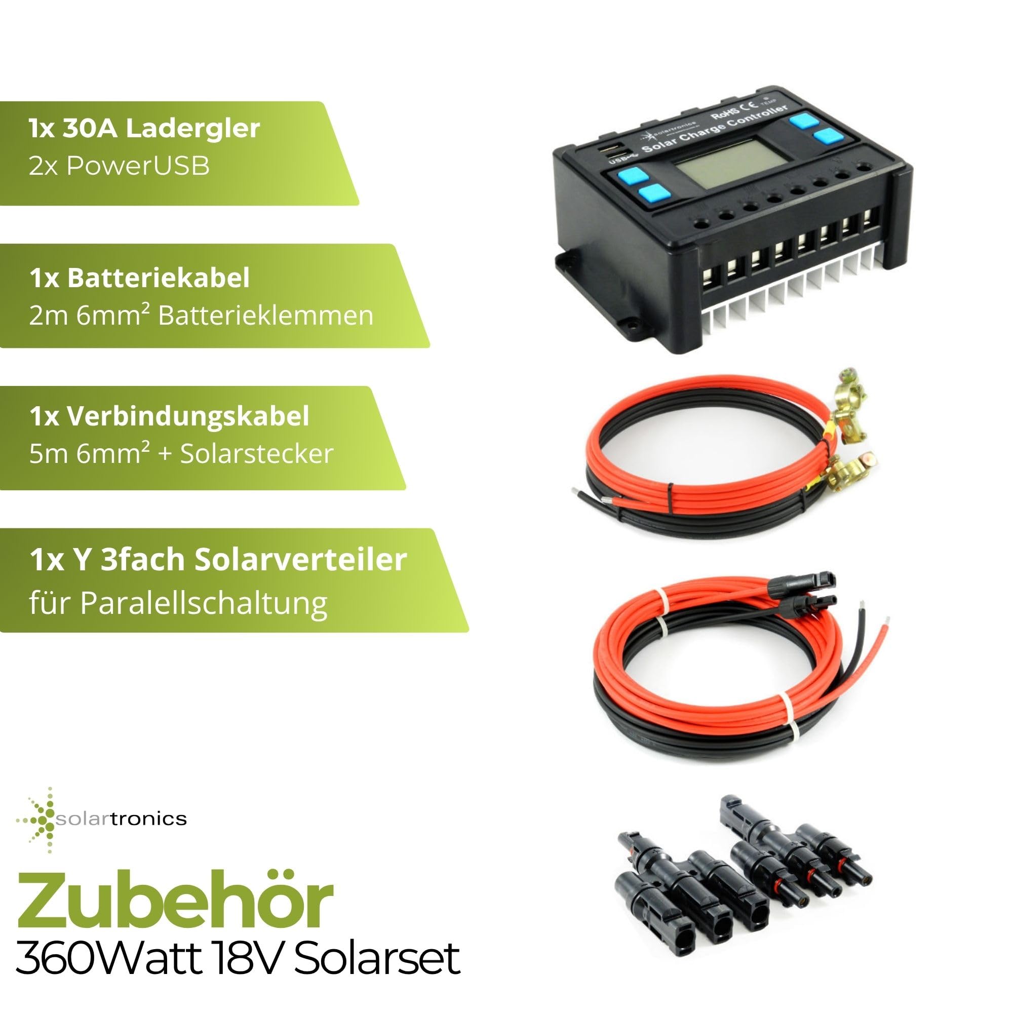 SOLARTRONICS Solar Set 3x 120W monokristalline Solarmodul + 30A Laderegler blau+ Solarkabel, Batteriekabel + Solarstecker