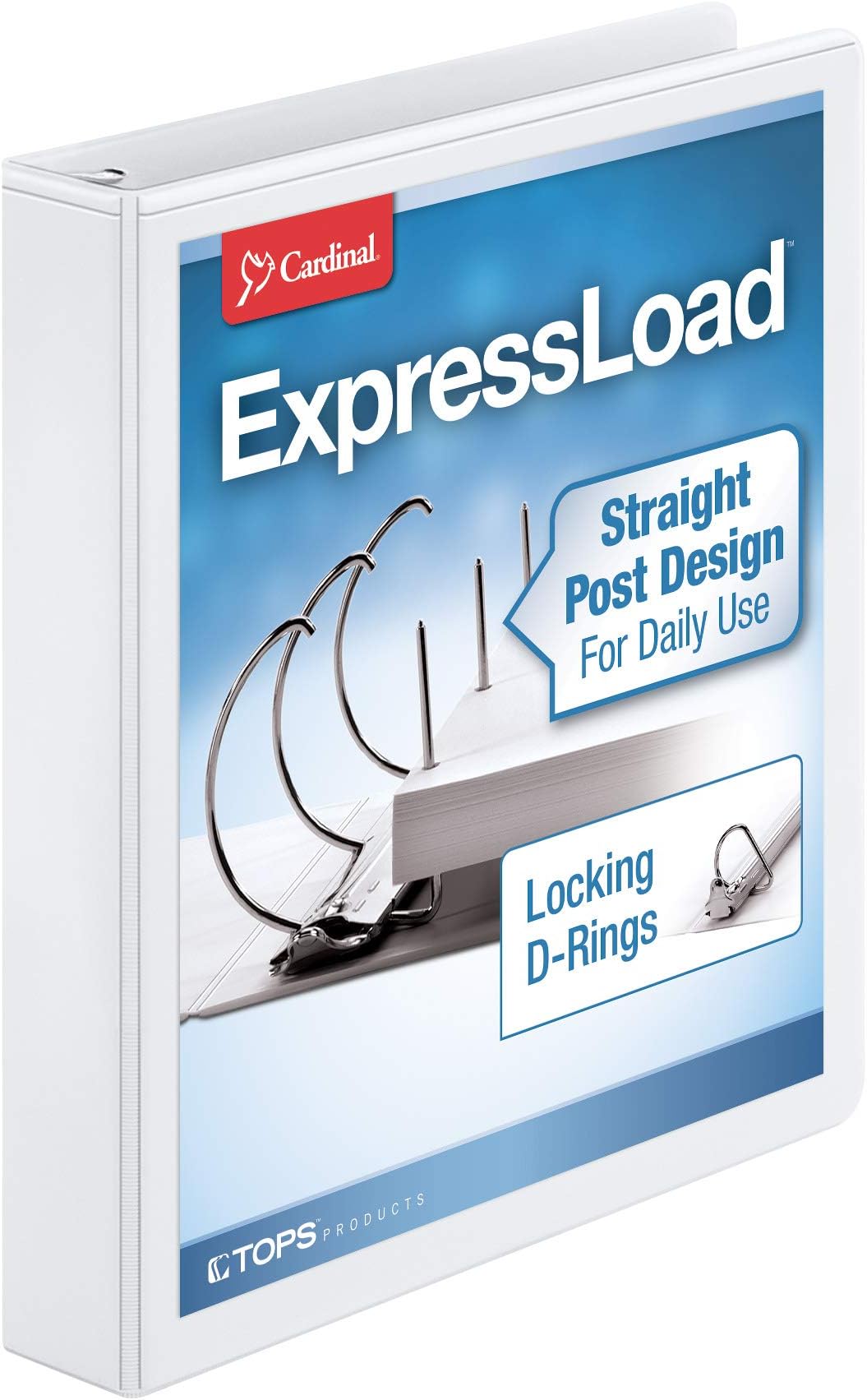 CardinalExpressLoad 1.5 Inch D-Ring Binder, 300 Sheet Capacity, ClearVue Cover, Locking D-Rings, White Binder (49110CB)
