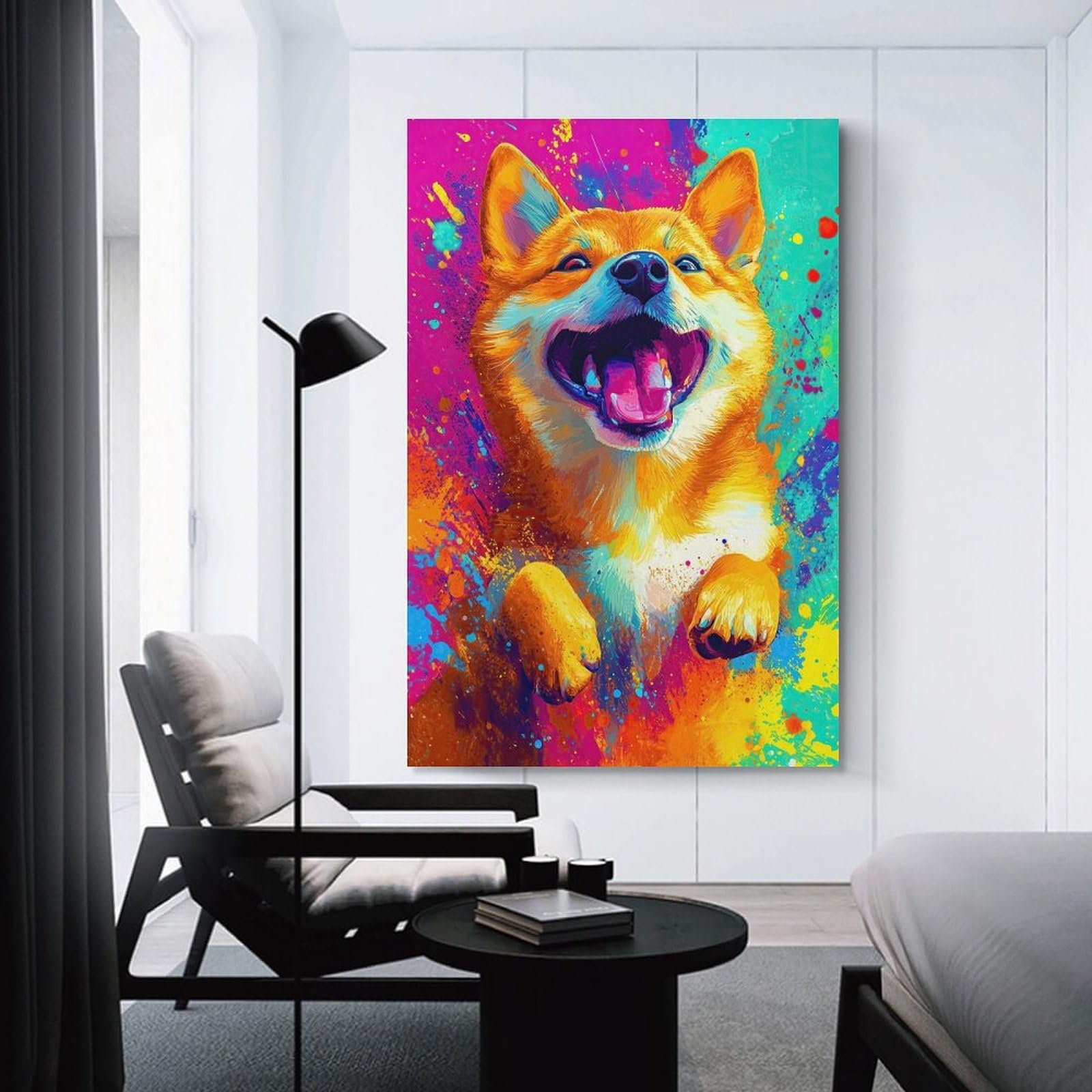 Junmoney Canvas Wall Art Happy Shiba Inu Painting, 08x12inch(20x30cm), for Corridors, Hallways Or Apartment Entries, Decorative Canvas Styling for Entry Areas