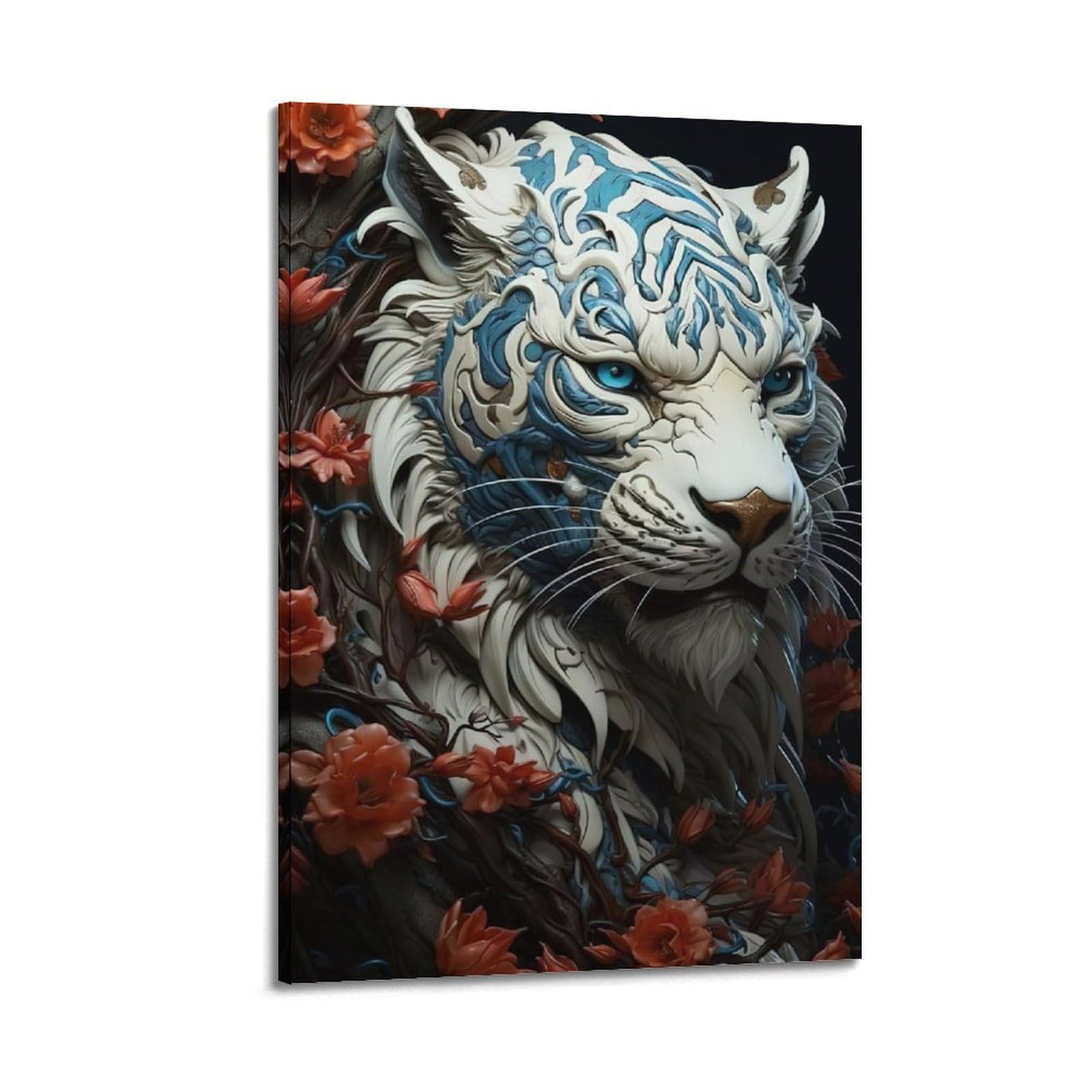 DLJGDS Stylish White Tiger with Blue Accents Surrounded by Vibrant Flowers Decorative Painting Canvas Wall Posters And Modern Family Bedroom Decor 24x36inch(60x90cm)