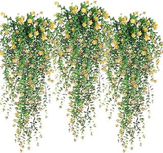人工ハンギングフラワー、3個 フェイクハンギングプラント装飾、屋外用人工つる植物、UV耐性、色あせしない人工植物 屋内装飾に最適 屋外ポーチ中庭(イエロー)