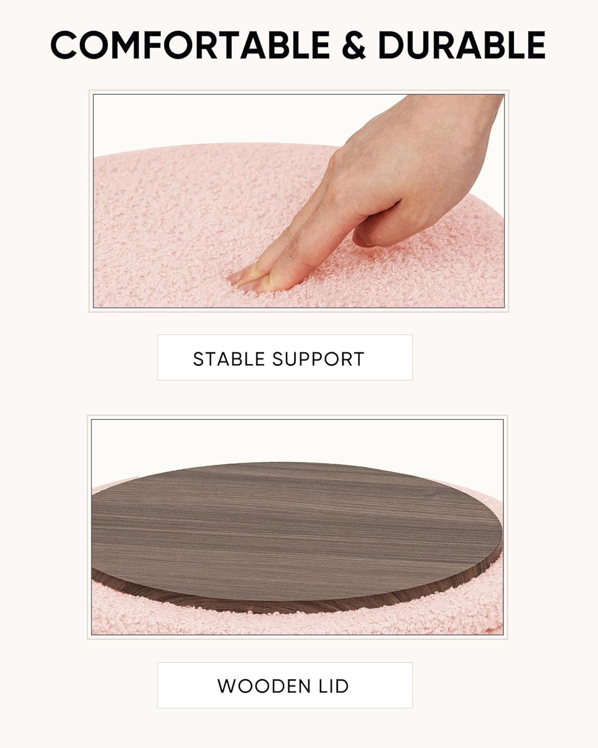 Round Ottoman with Storage, Boucle Foot Rest Stool with Reversible Tray Lid, Folding Teddy Ottoman Coffee Table for Dorm Living Room Bedroom Entryway, Pink,13" x 13" x 13.8"