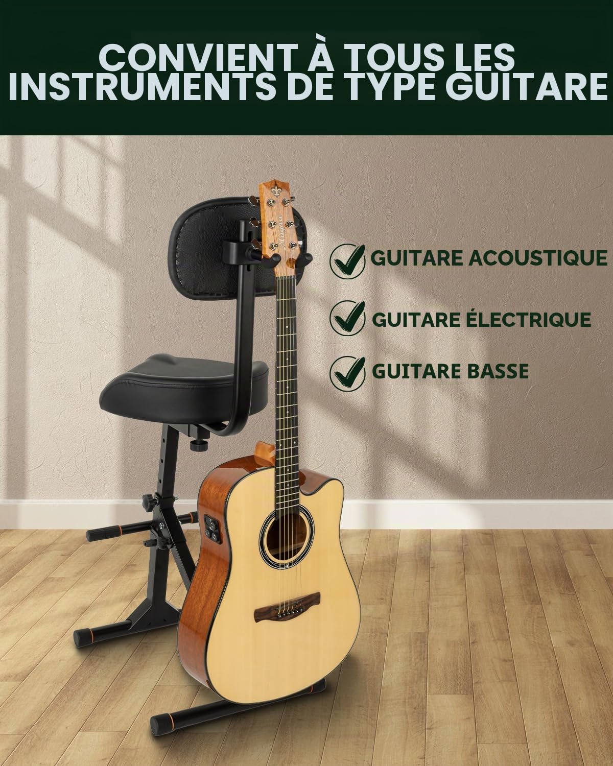 Strich SGT-40 Tabouret de Guitare avec Dossier, siège réglable en Hauteur avec Crochet de Suspension pour Basse électrique Acoustique, Tabouret de Batterie pour Adultes, batteurs et guitaristes