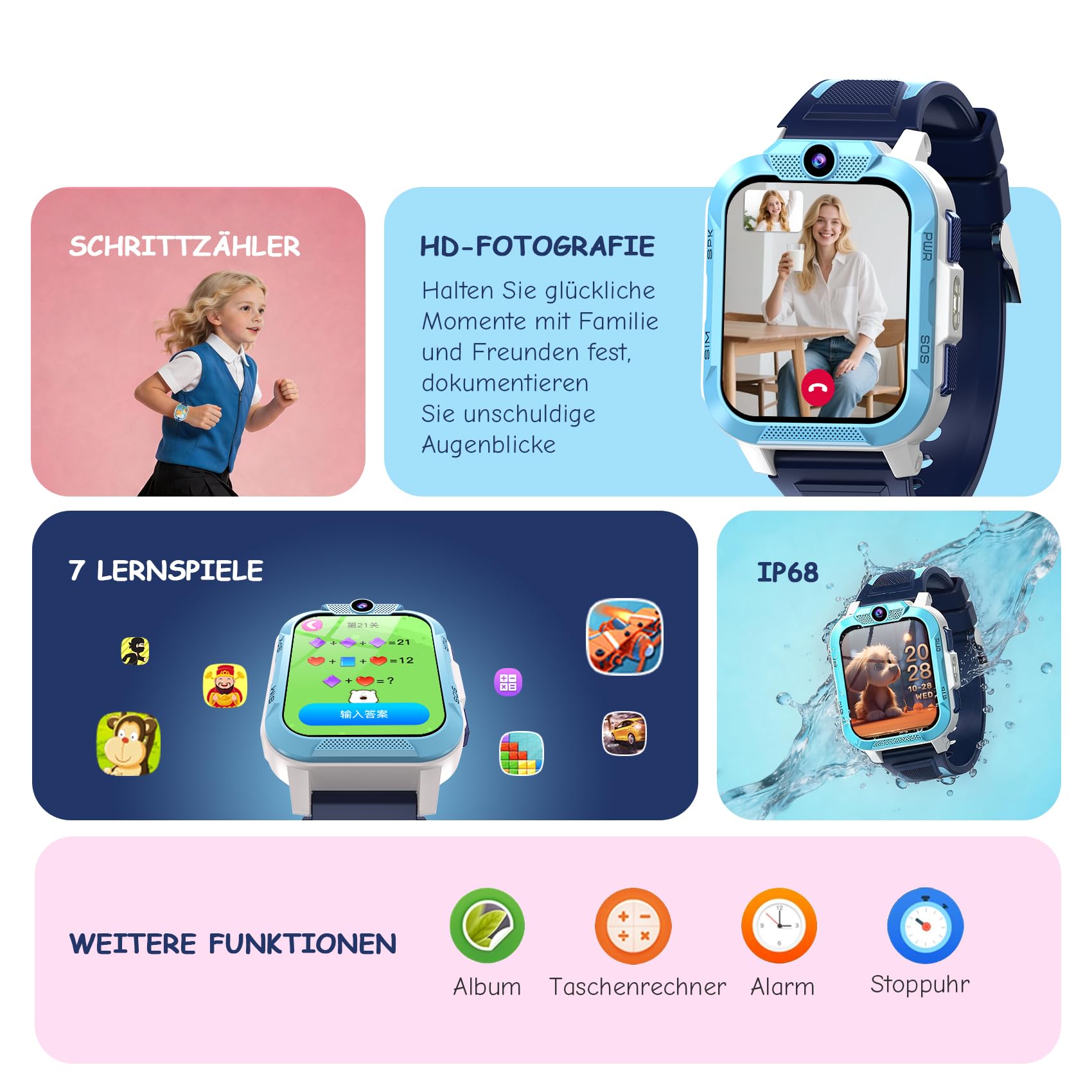 IOWODO Smartwatch Kinder mit GPS und Telefon 4G, 850mAh 7-Tage Akku, SOS-Notruf, Schulmodus, IP68 Wasserdicht, Sprachanruf, Pedometer, Geschenk für Jungen & Mädchen, 4-12 Jahren, Blau