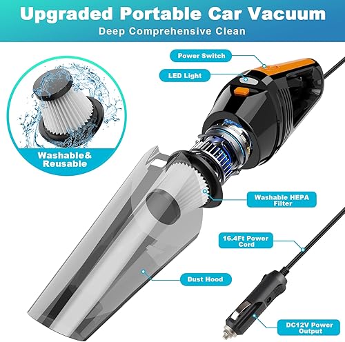 Miniatura 2 de FRESMOL Aspiradora portátil para automóvil, de alta potencia, 8000 Pa, pequeña aspiradora de mano de 12 V con luz LED, cable de 16.4 pies, kit de