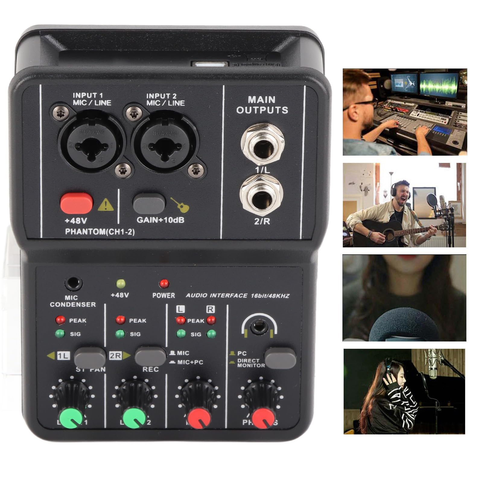 Mélangeur Audio 2 Canaux, Interface pour PC DJ Table de Mixage USB 48V Alimentation Fantôme Console Sonore Compacte Enregistrement Musique Accueil Internet Karaoké Studio Show