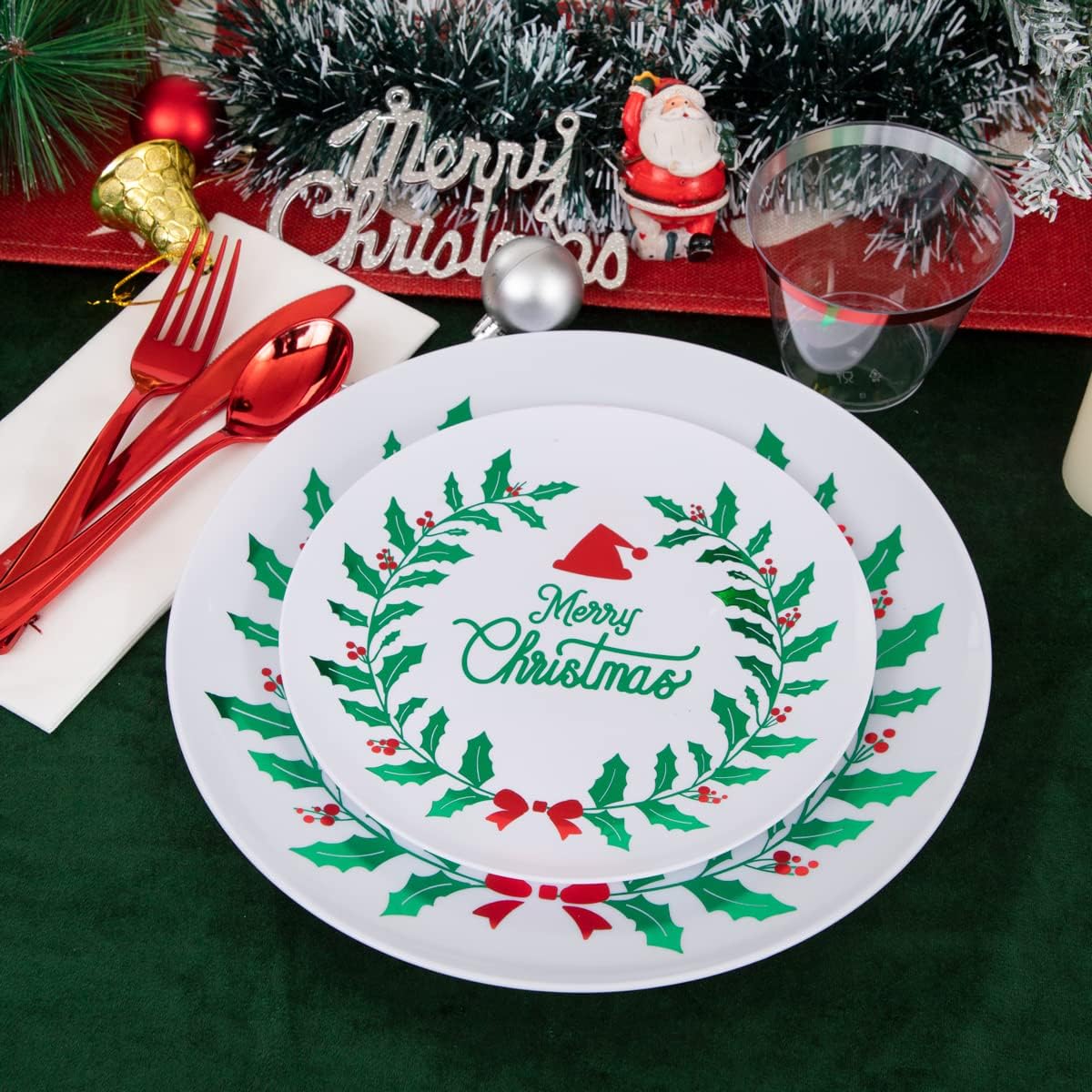 Liacere 175PCS Christmas Plastic Plates - White & Green; Includes 50 Wreath Plates, 25 Red Cutlery, 25 Cups, 25 Tree Napkins