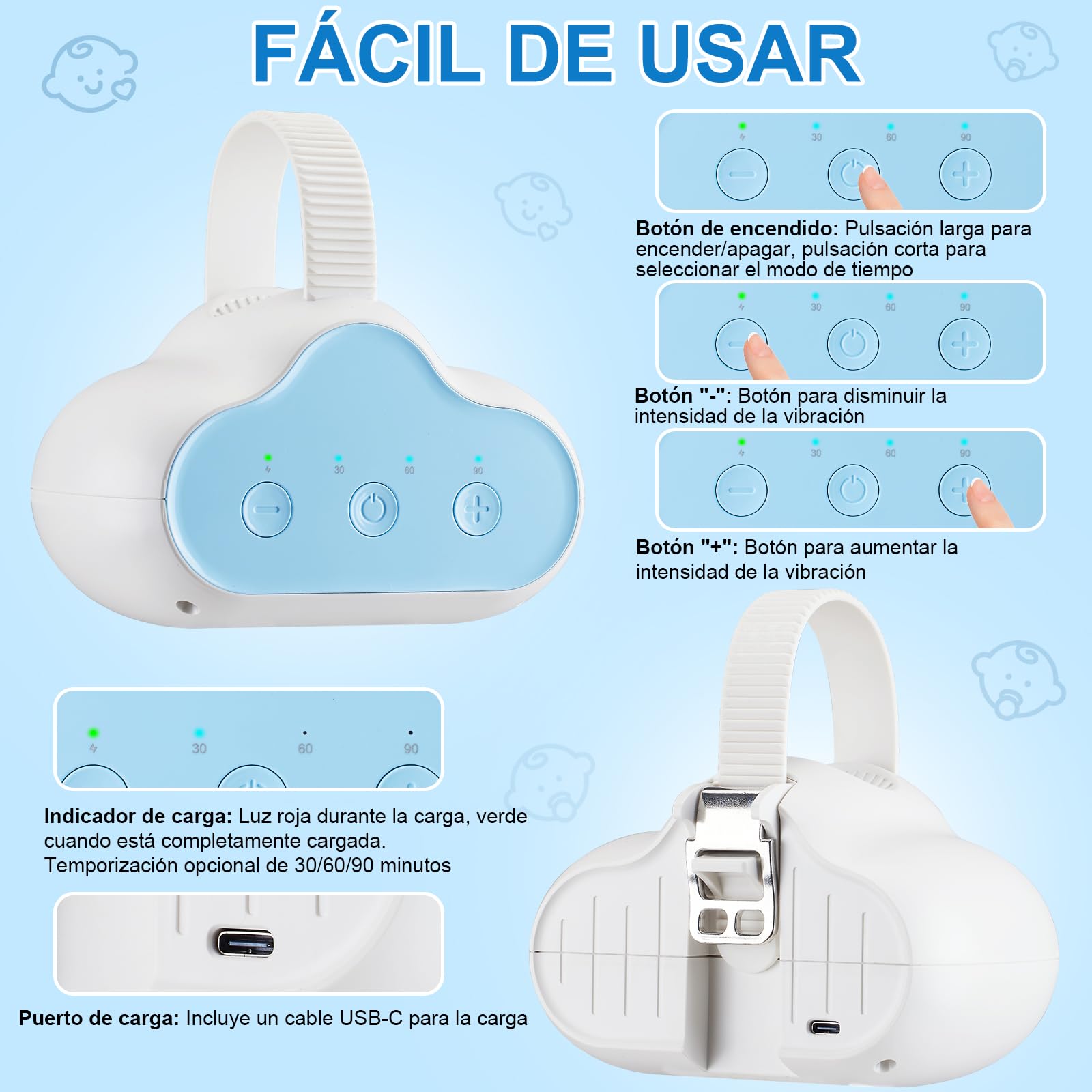 Baby Rocker Recargable, Mecedora Carro Bebe con 3 Intensidades de Balancín Ajustables y Temporizador de 30, 60, 90 Minutos, Balancea Suavemente Cochecito