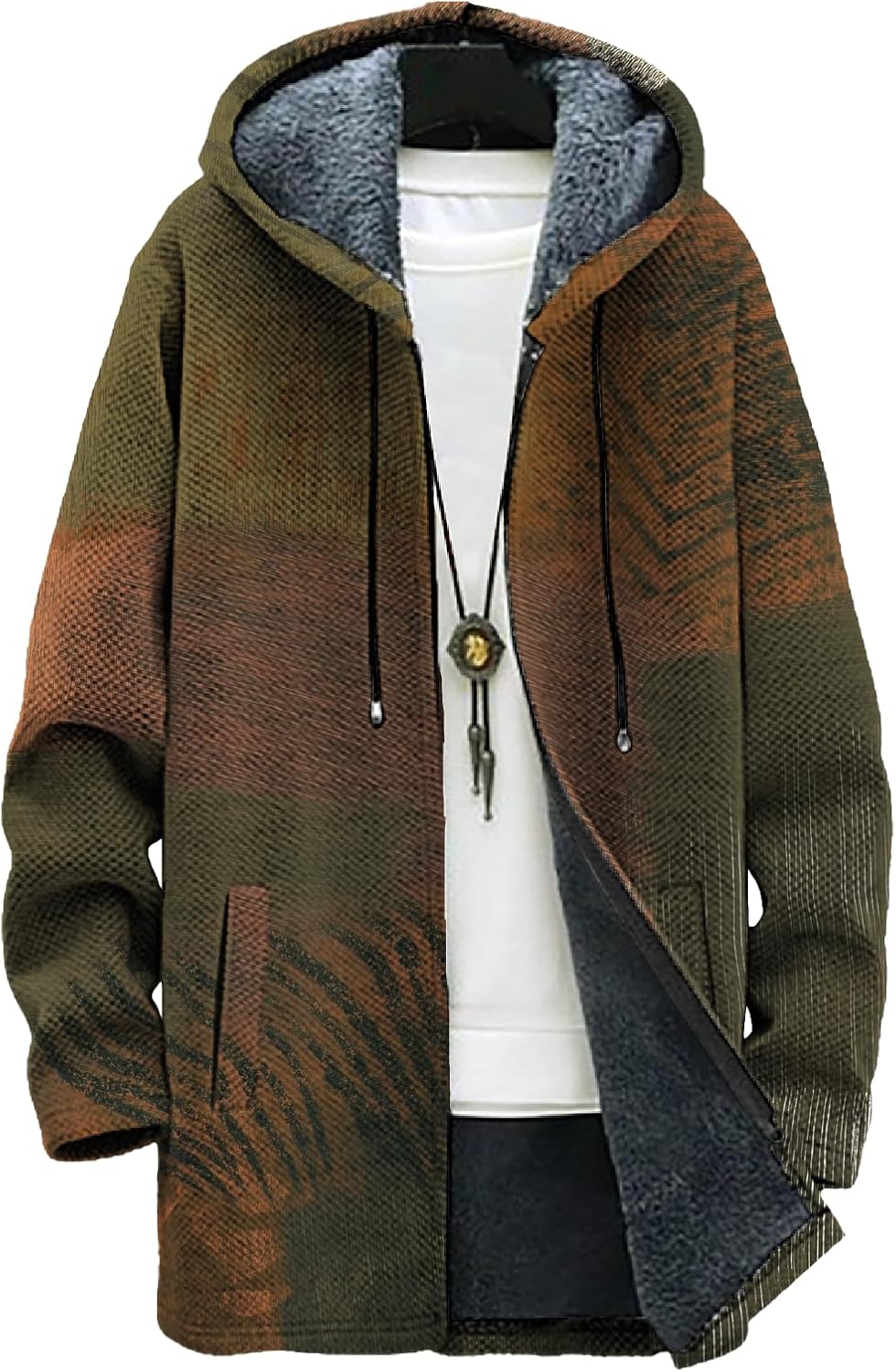 Hooded Jacket for Men Trendy Graphic Print Warm Fleece Lined Winter Swearshirts Comfy Fall Outwear with Pockets