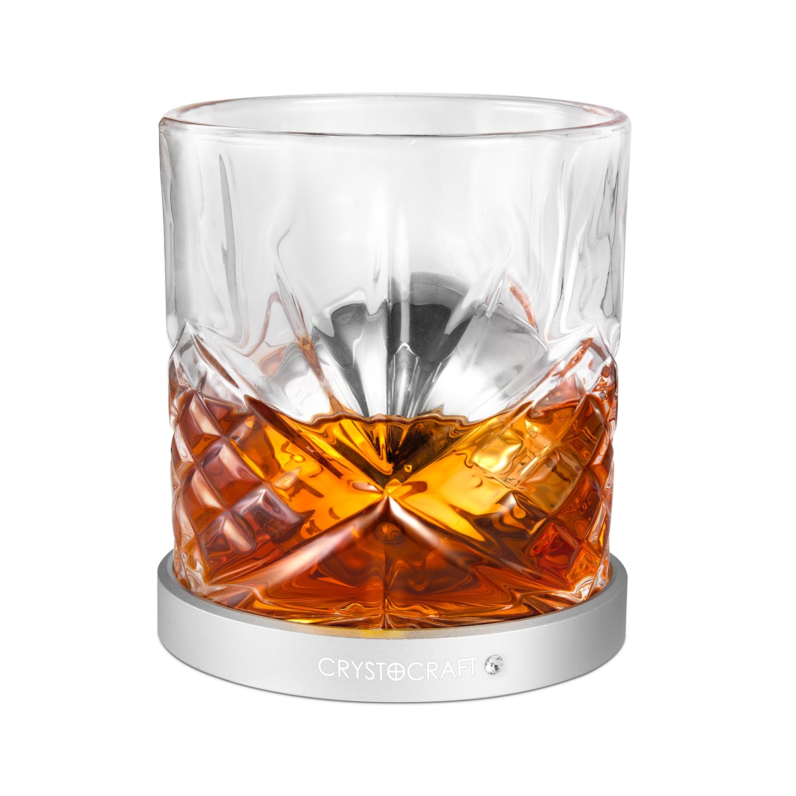 Crystocraft Whiskey Glass with Rotating Aluminum Coaster and 316 Stainless Steel Ice Ball, Spinning Cocktail Glass with Reusable Chilling Stone for Bars, Restaurants, Party, Home