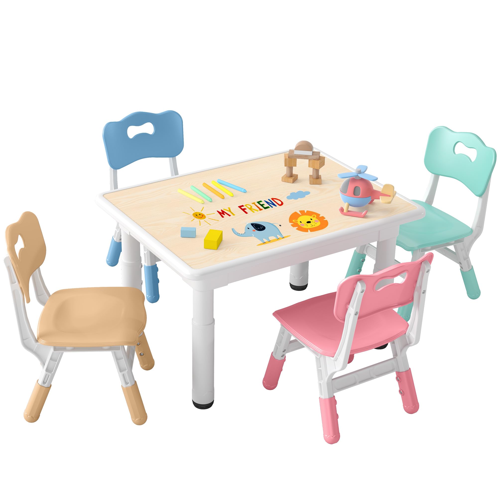 DOREROOM Kids Table and 4 Chairs Set, Height-Adjustable Toddler Table and Chairs with Graffiti Desktop, 31.5''L x 23.6''W Children Activity Table for