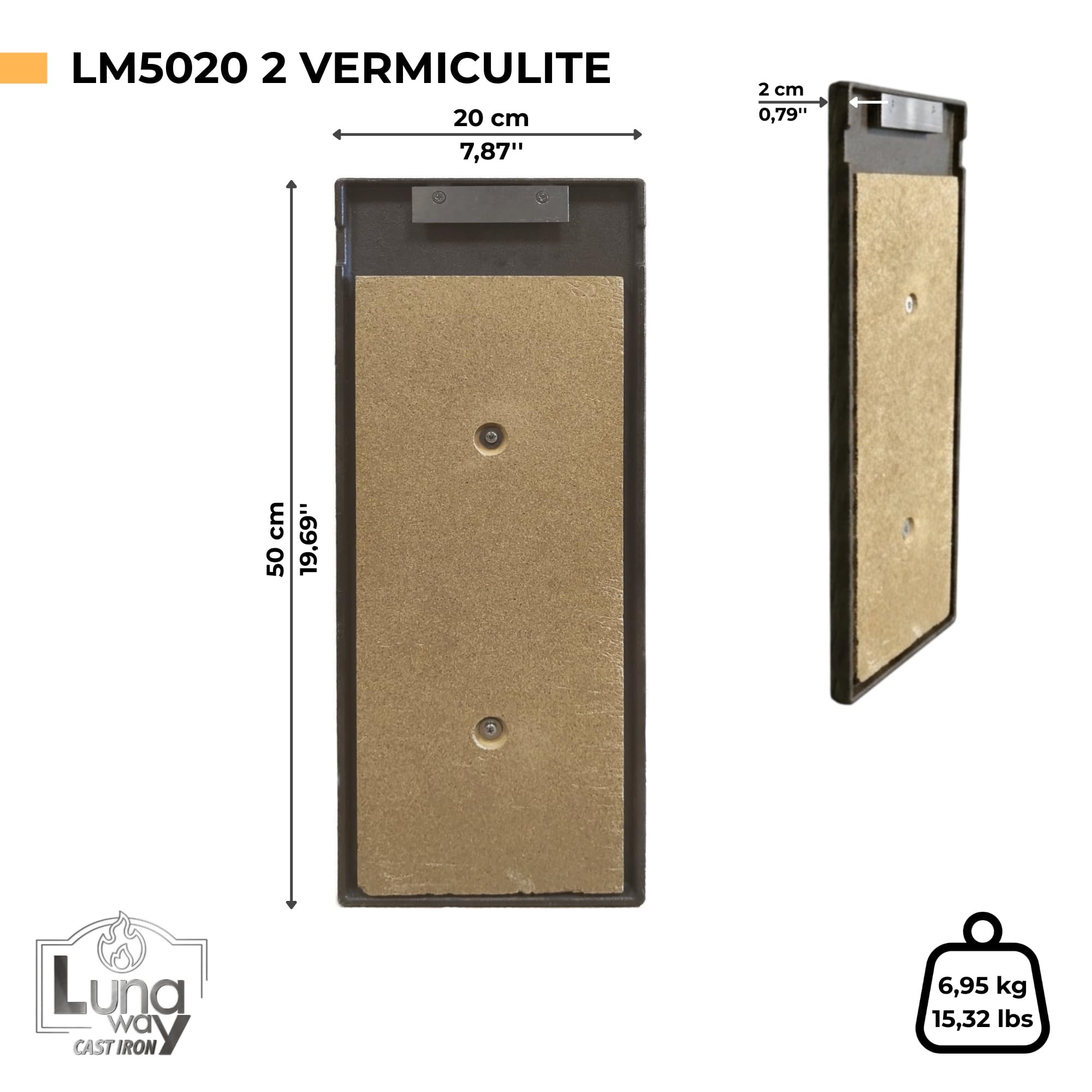 20 x 50h x 2 cm - Lastra in ghisa modulare con Pannello in Vermiculite HD | Lastra modulare + pannello in vermiculite alta densità, fissaggio a sospensione camini termocamini, Accumulo e irraggiamento