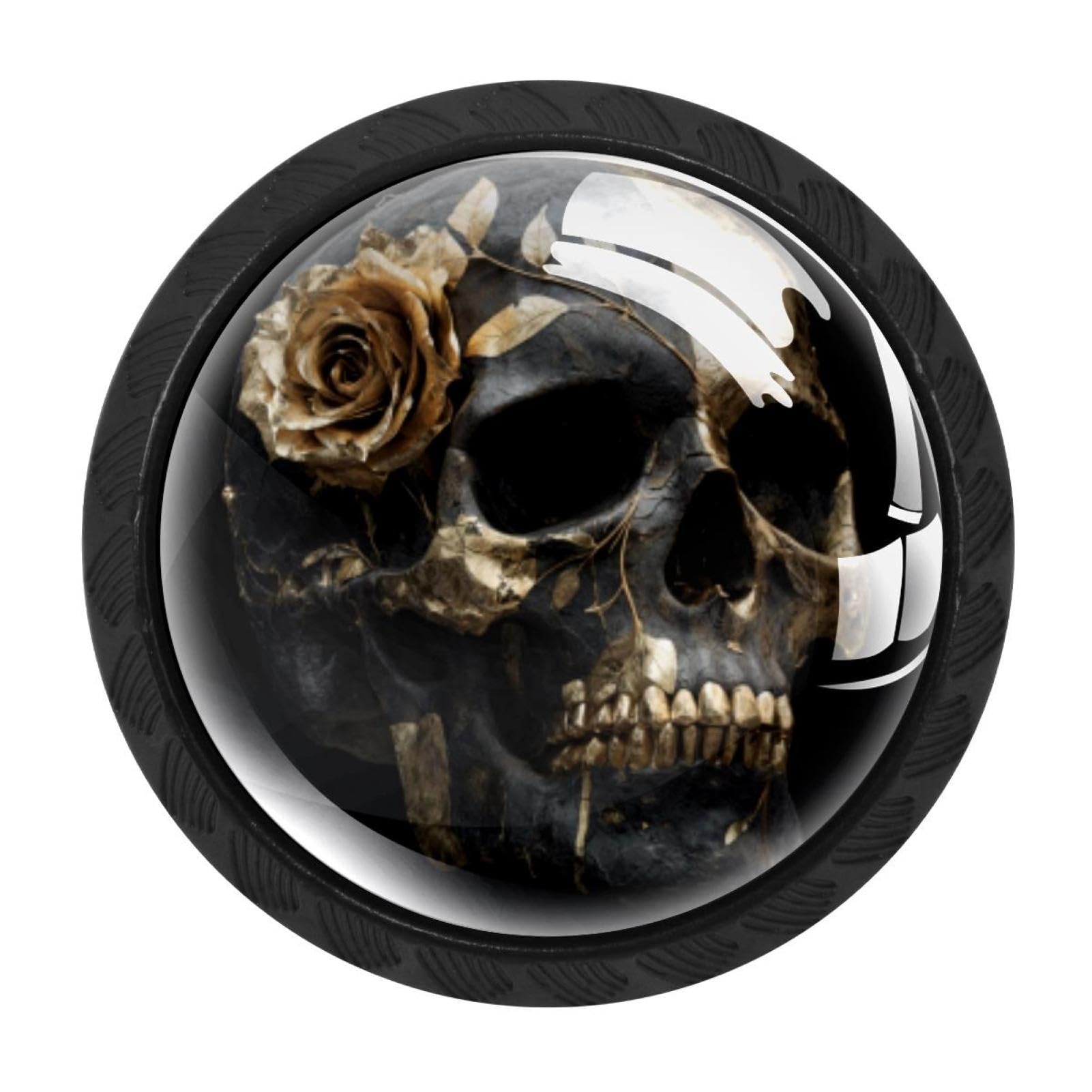CHENZZZZ 4 pcs Black Gold Rose Skull Cabinet Knobs Crystal Drawer Pulls for Kitchen, Bathroom Cabinet, Dresser and Cupboard