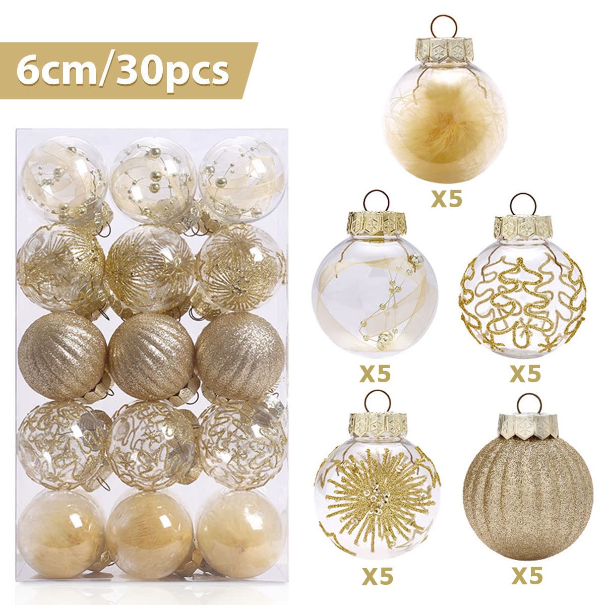Fouriding 30Pcs Christmas Balls Ornaments 2.36"/6cm,Shatterproof Clear Christmas Balls Ornaments Hanging Decorations for Xmas Tree,Holiday, Wedding, Party Decoration (Gold) - Image 3