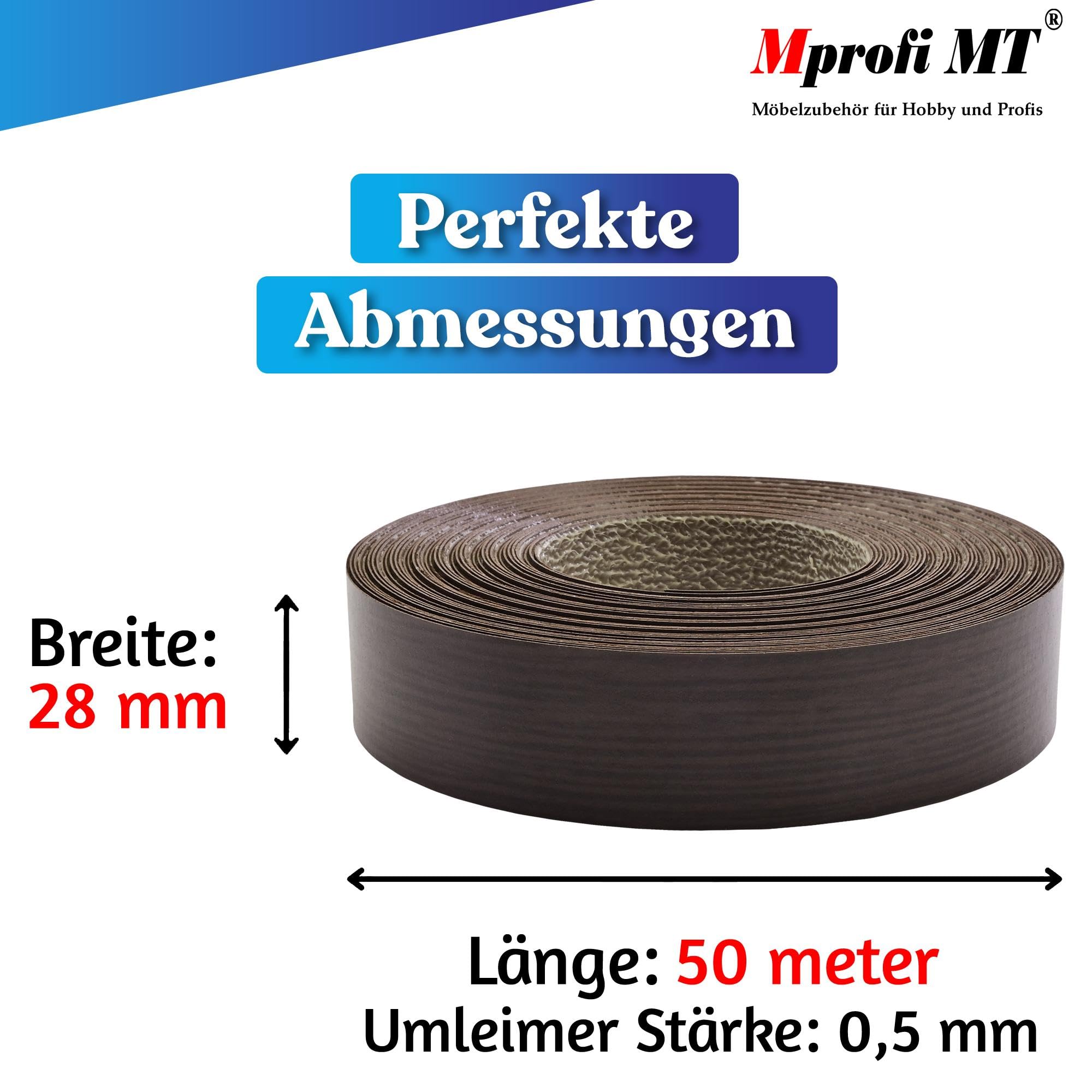 Mprofi MT® Kantenumleimer Wenge | 28 mm x 50 m | Melamin Kantenband | Bügelkante für Möbel & Regale | Kantenumleimer mit Schmelzkleber | Bügelkante für Möbel & Regale – 1720/28/50