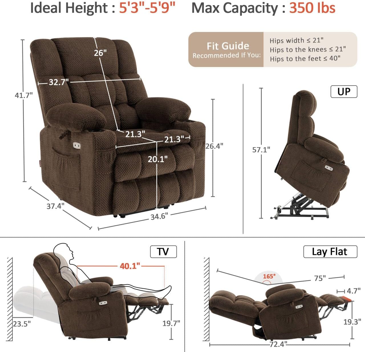 Diagram showing detailed dimensions of the MCombo recliner chair