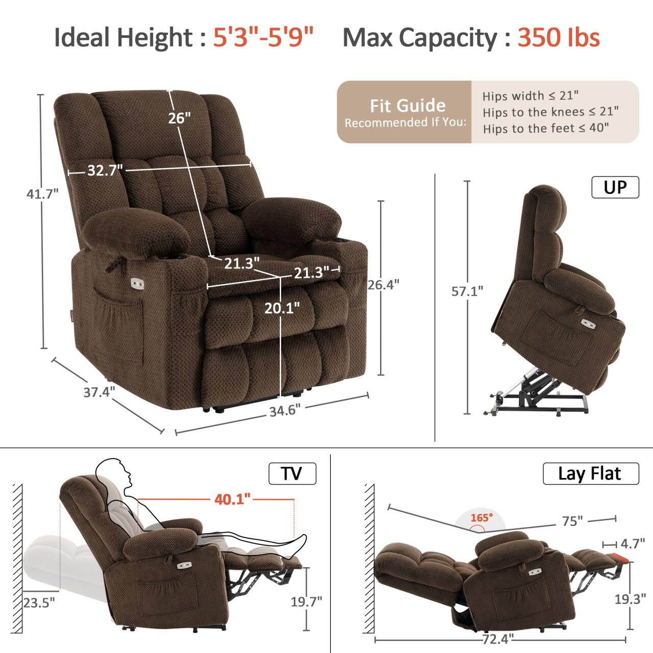 MCombo Dual Motor Power Lift Recliner Chair with Massage and Heat for Elderly People, Infinite Position, USB Ports, Cup Holders, Fabric 7890 (Medium, Mocha) - 3