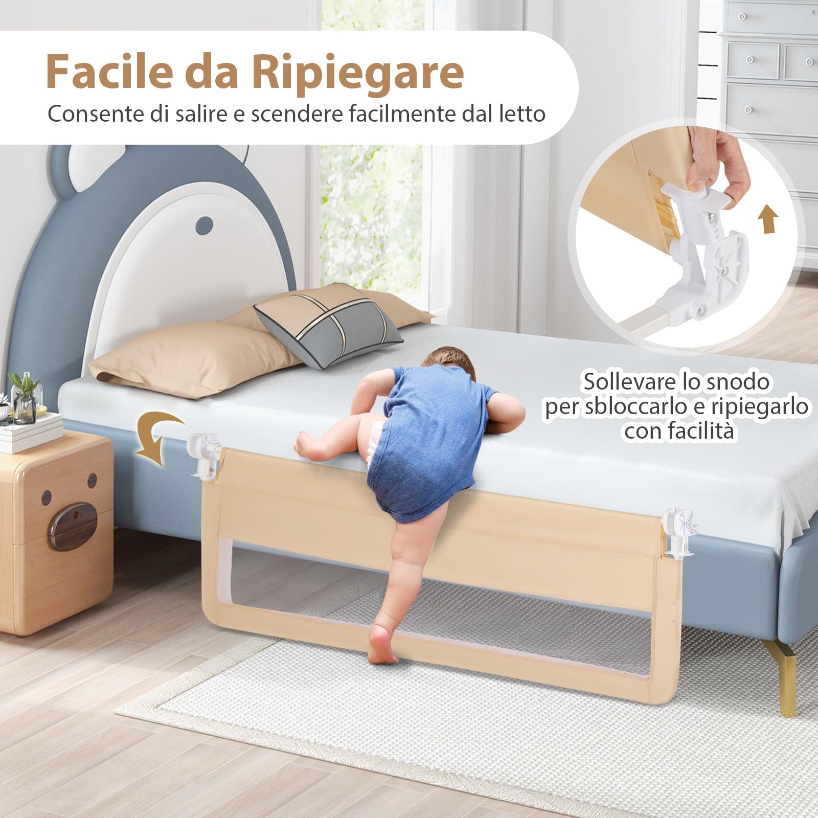 COSTWAY 150 cm Sponda da Letto per Bambini, Barra Protettiva Pieghevole per Letto con Copertura Removibile, Rete Traspirante, Barriera Universale Abbattibile, 150 x 55 cm (Beige)