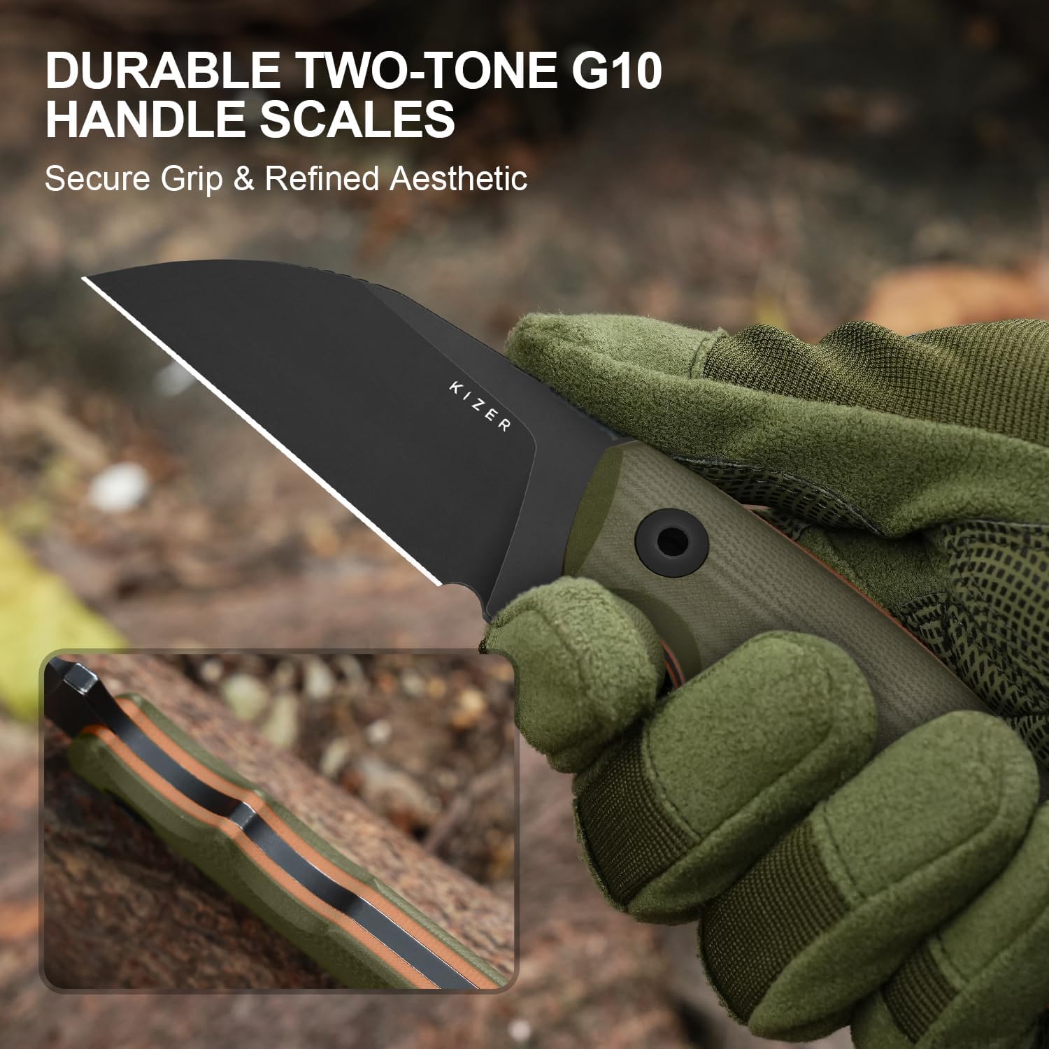 Kizer Snick Fixed Blade Knife with Sheath, 2.68" AEB-L Steel Sheepfoot Camping Knife with Olive Green G10 Handle, EDC Knives for Hiking 1085A3