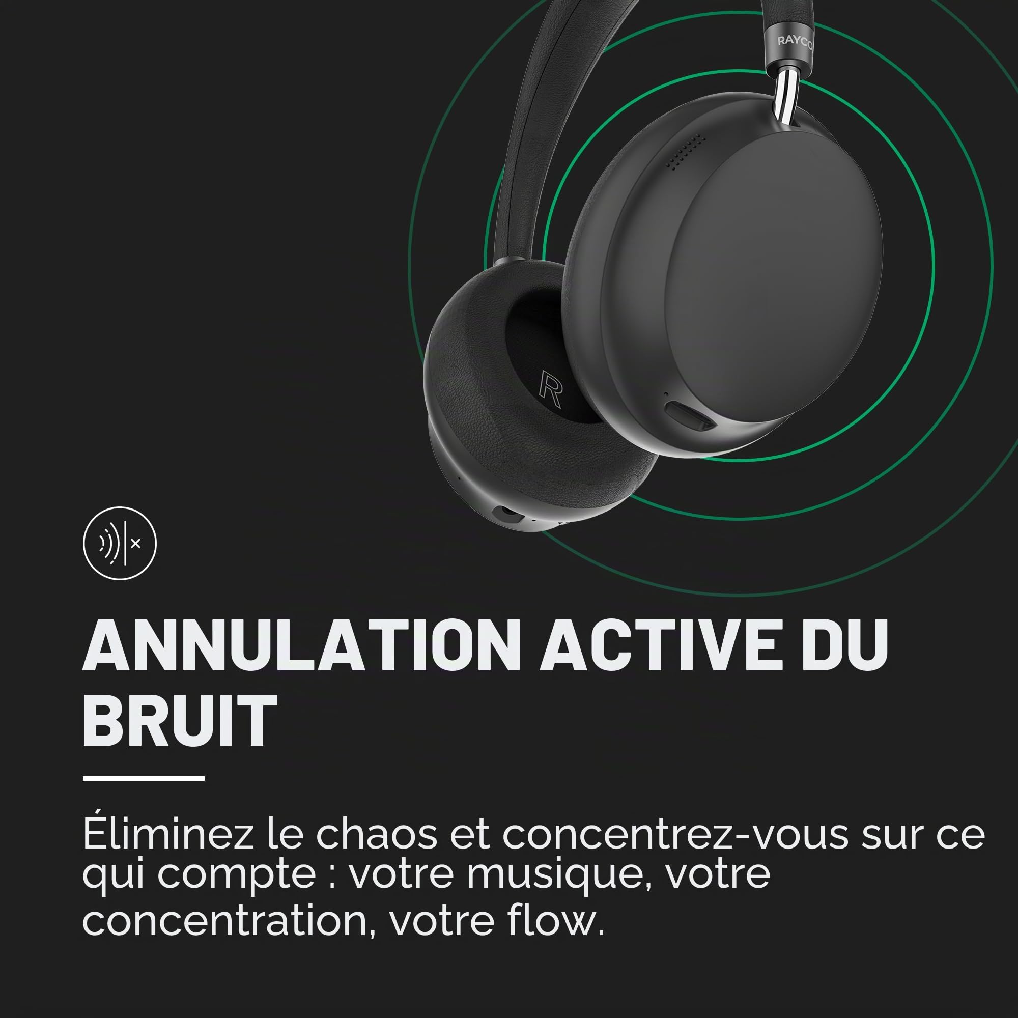 Raycon Essential Headphones – Casque supra-auriculaire Bluetooth sans fil, avec suppression active du bruit hybride, 5 microphones intégrés, IPX4 résistant à l'eau et 50 heures d'autonomie de la