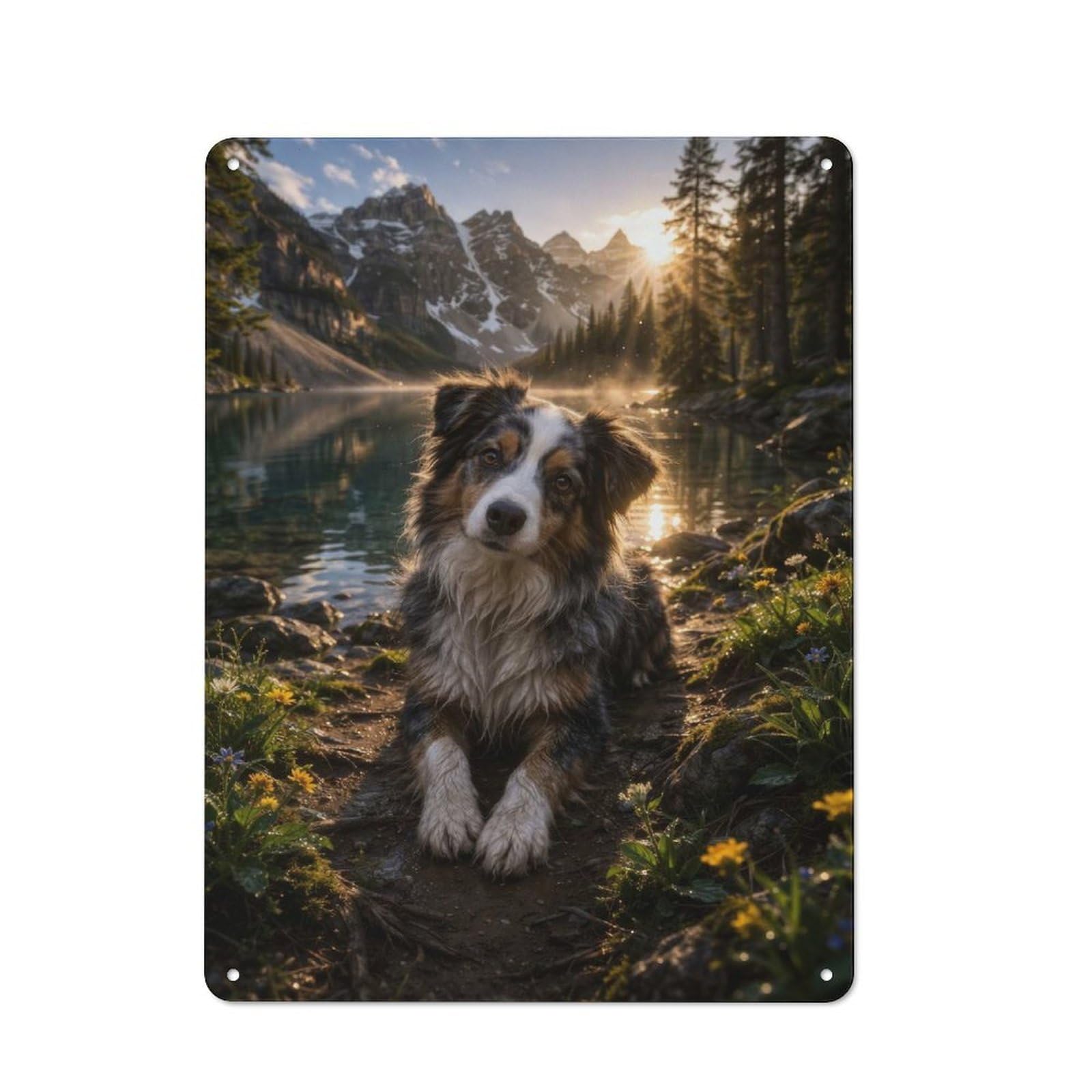 Junmoney Style-16 Industrial Metal Sign With Dog By A Mountain Lake At Sunrise Design 40X30cm, Modern Retro Loft Wall Plaque For Workspace, Cafe, Hallway Or Garage