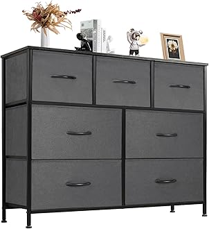 DUMOS Dresser for Bedroom with 7 Fabric Drawers, Chest Organizer Units for Clothing, Closet, Bedroom, Storage Tower with Cabinet, Metal Frame, Wooden Top, Lightweight Nursery Furniture, Grey