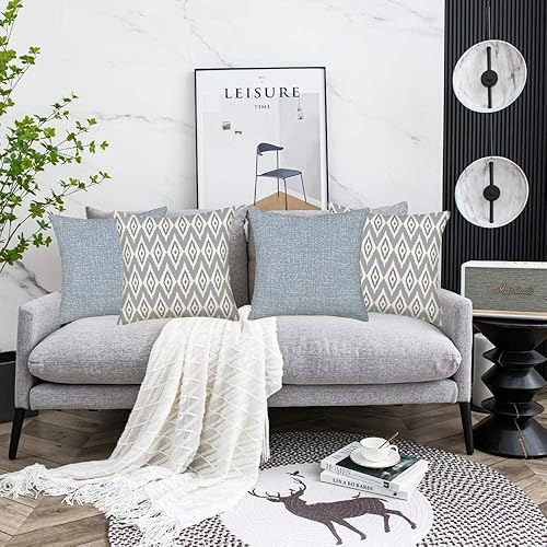 Miniatura 2 de Fukeen Juego de 4 fundas de almohada geométricas para el hogar, 22 x 22 pulgadas, diseño geométrico abstracto azul y gris, fundas de cojín para