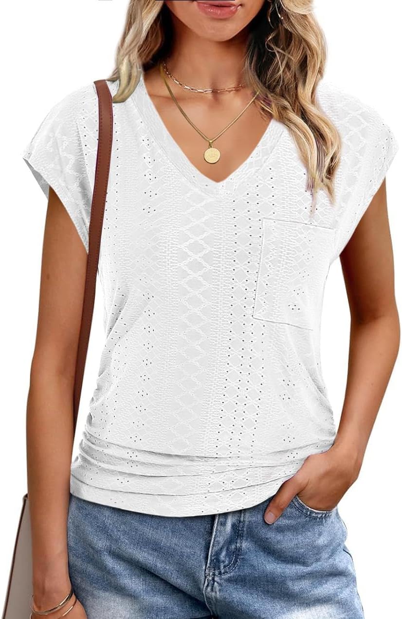 Eyelet Womens Tops Cap Sleeve V Neck T Shirts for Women Summer Shirts