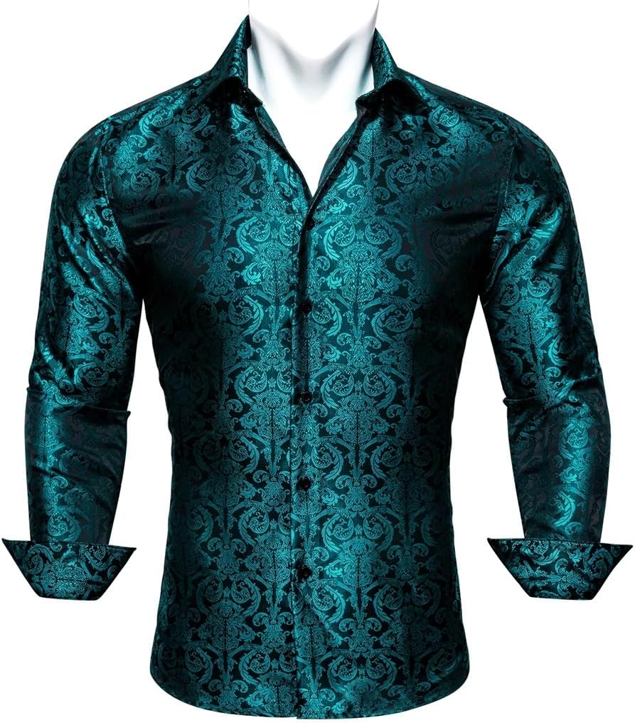 Silk Printed Men Shirt Spring Autumn Lapel Woven Long Sleeve Embroidered Leisure Fit Party Wedding