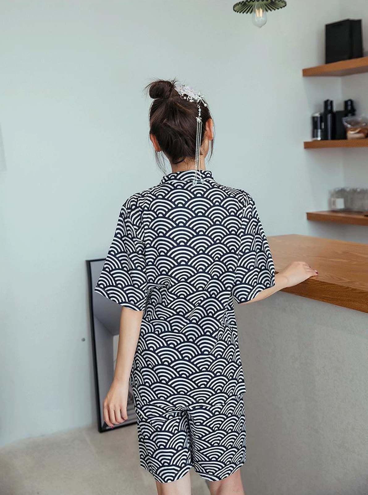 ZEALMAX Kimono japonés camisa y pantalón, ropa de descanso de lino de algodón, conjunto de bata de baño, olas negras, talla única