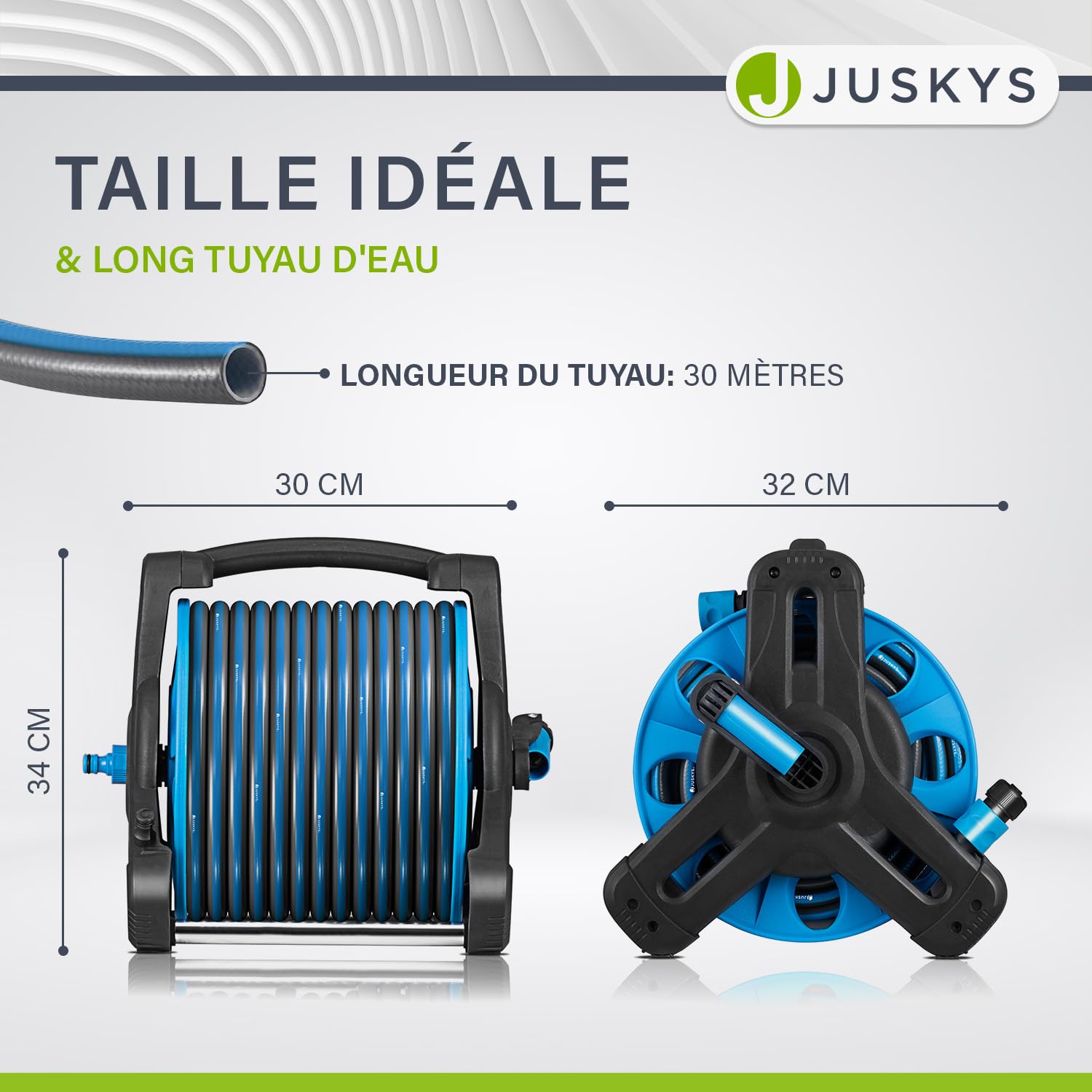 Juskys enrouleur de tuyau avec 30 m + 2 m de tuyau et pommeau multifonction - enrouleur de tuyau mobile avec support mural, buse — bleu gris foncé