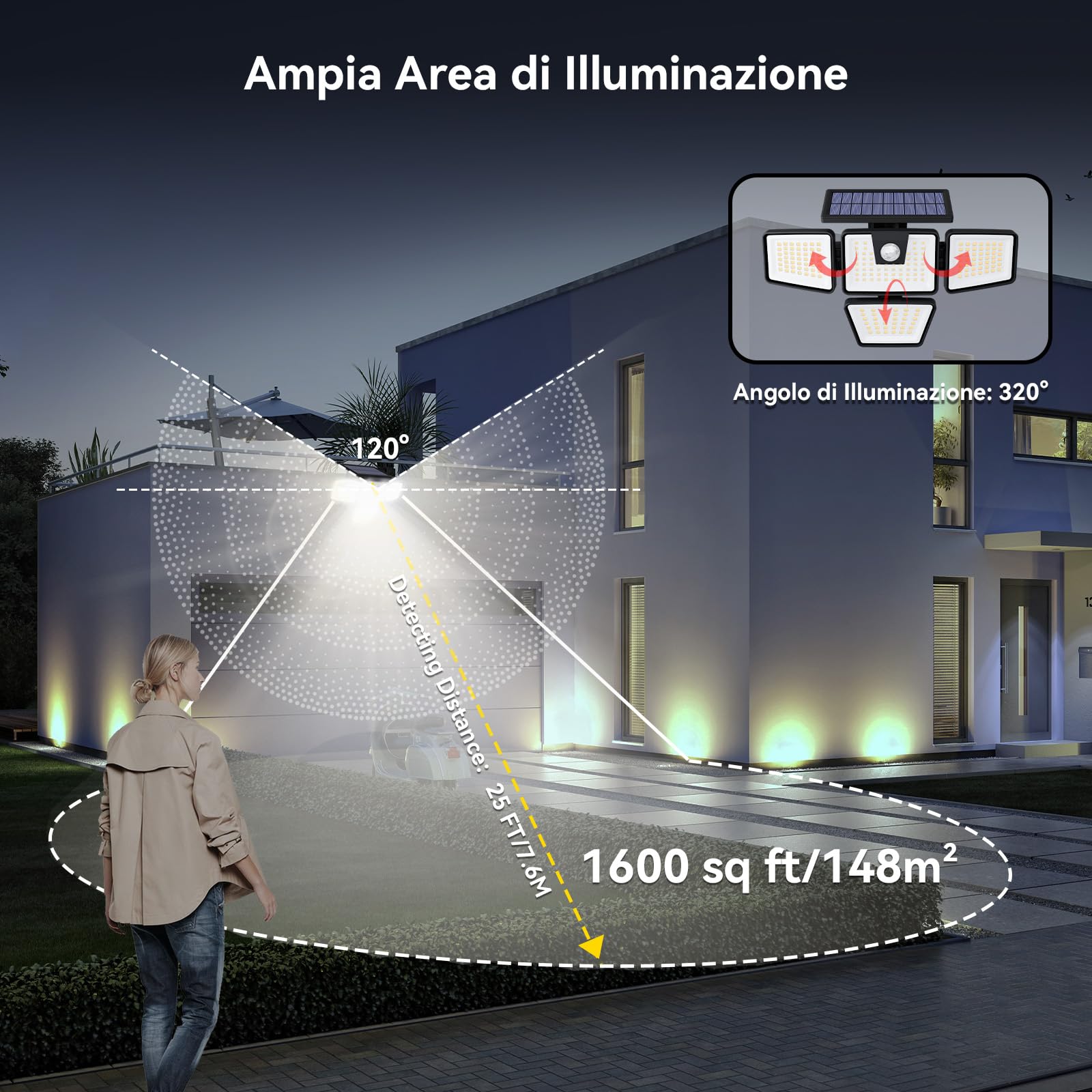 K KASONIC Lampade da Parete per Esterni Solari, Luci da Esterno Impermeabili IP65 a Rilevamento di Movimento con 4 Teste, Confezione da 2 Proiettore Solare con Telecomando per Giardino e Garage