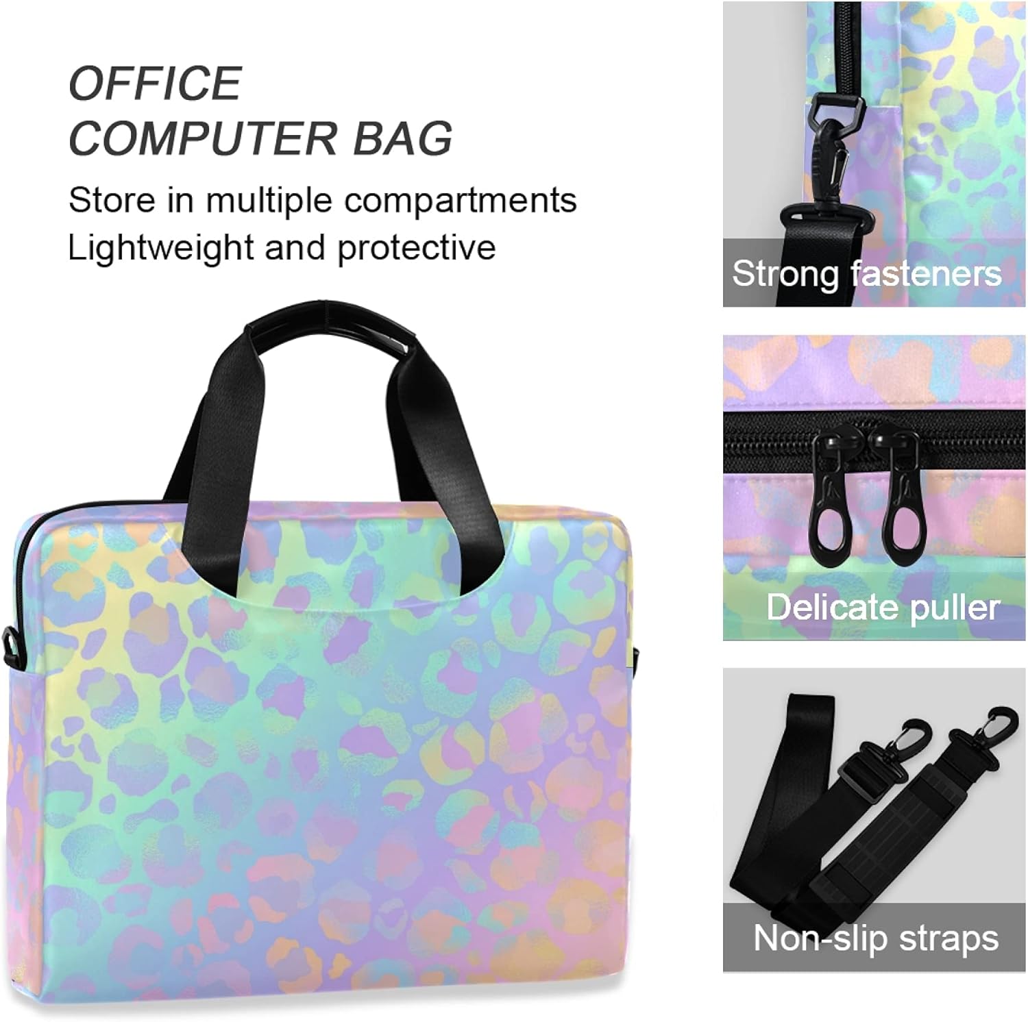 ALAZA Rainbow Leopard Print Rose Gold Cheetah Laptop Case Bag Sleeve Portable Crossbody Messenger Briefcase w/Strap Handle, 13 14 15.6 inch