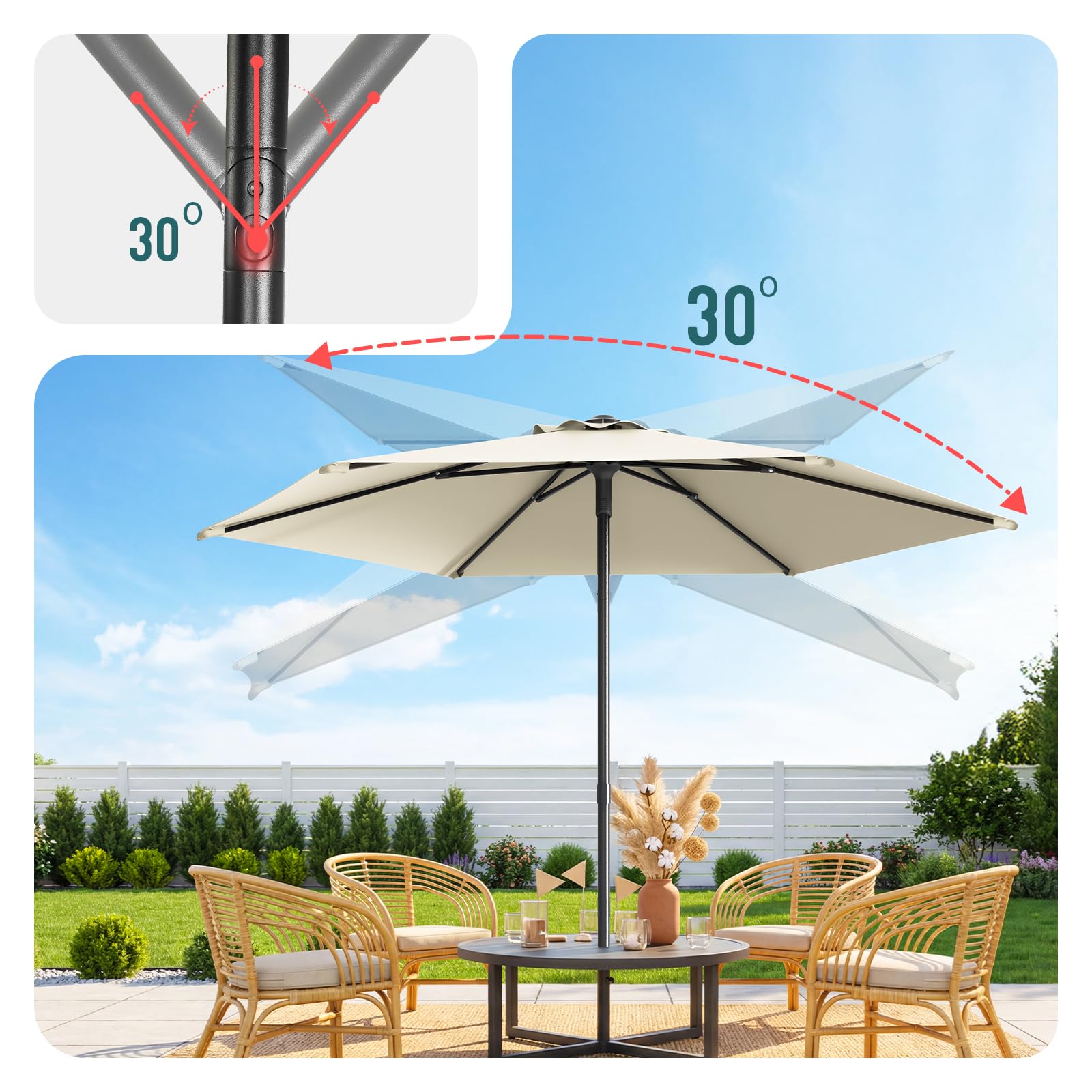 VOUNOT Ombrellone da Giardino Inclinabile 270 cm, Protezione UV 50+, Ventilazione Superiore, Borsa da Trasporto con Tracolla